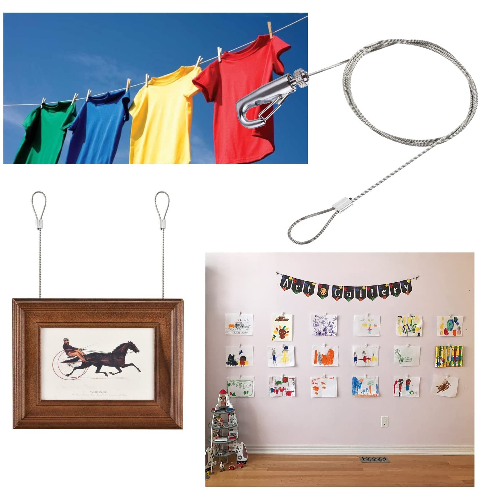6 Pack Picture Rail Hooks and Wire Hanging System, 6.5 Ft Wire Cables, Adjust…