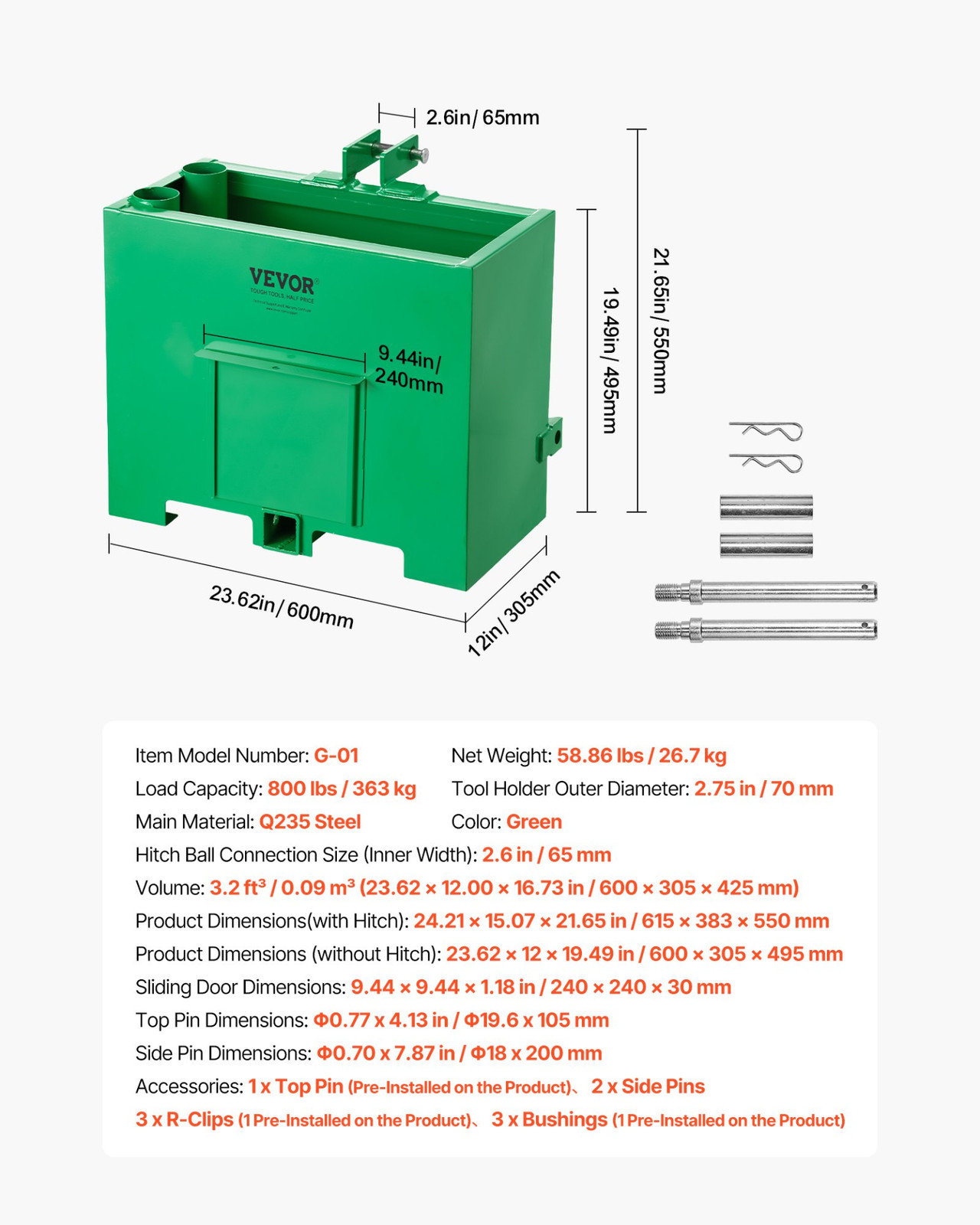 3 Point Tractor Ballast Box 800lb Cat 1 Hitch Receiver Green