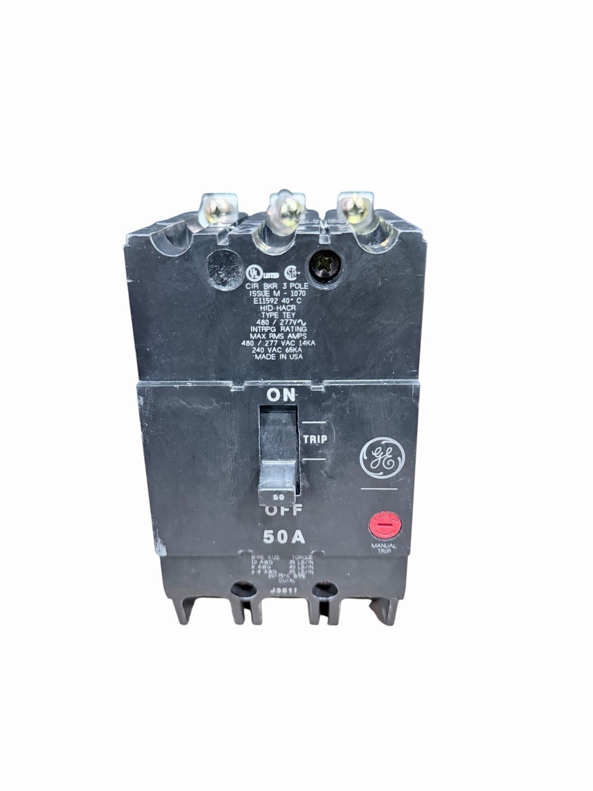 GE TEY350 50A 480Y/277V 3 Pole Circuit Breaker Q-Line Bolt-On
