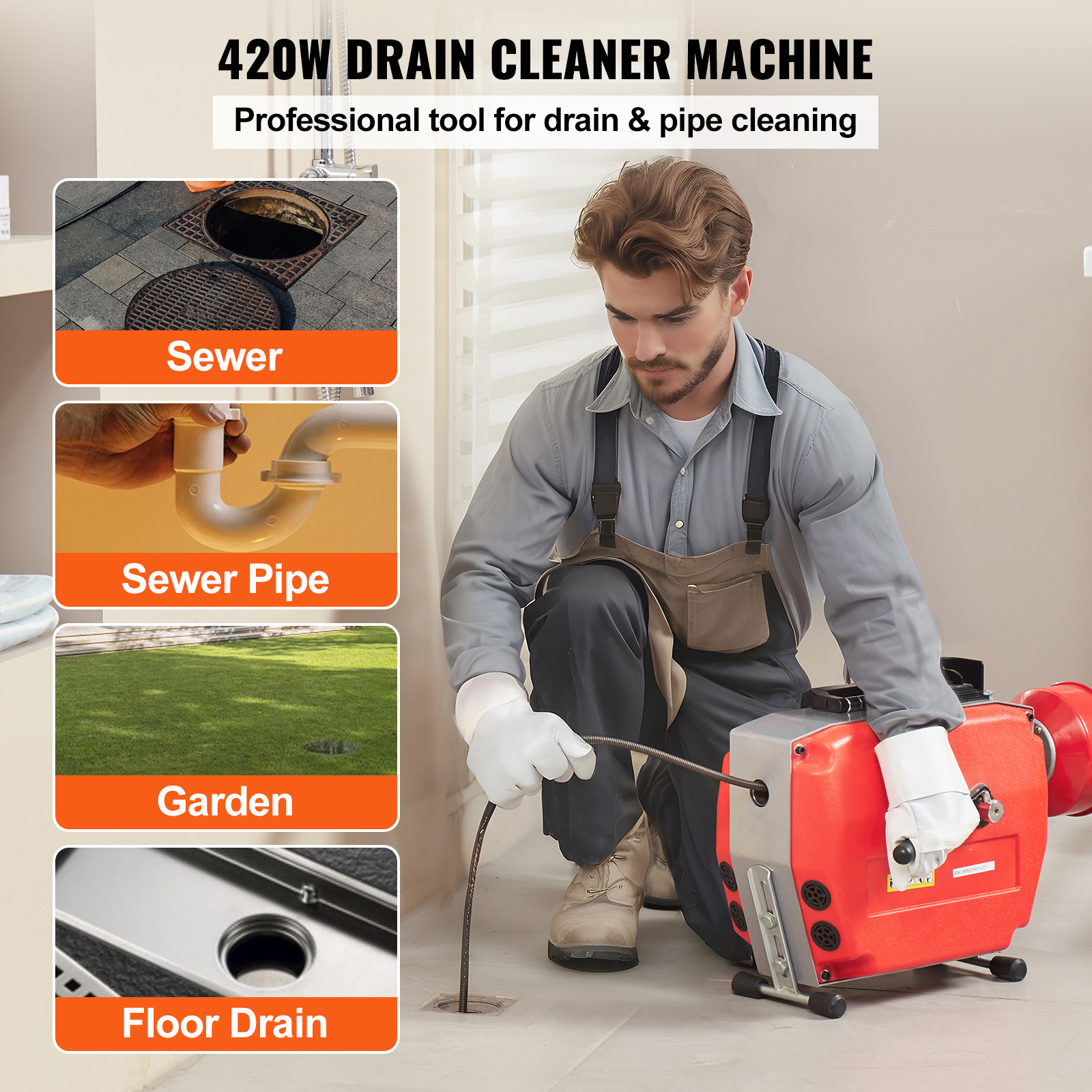 VEVOR Drain Cleaner Machine 120FT x 7/8″ 420W Sewer Snake Auger Manual Feed