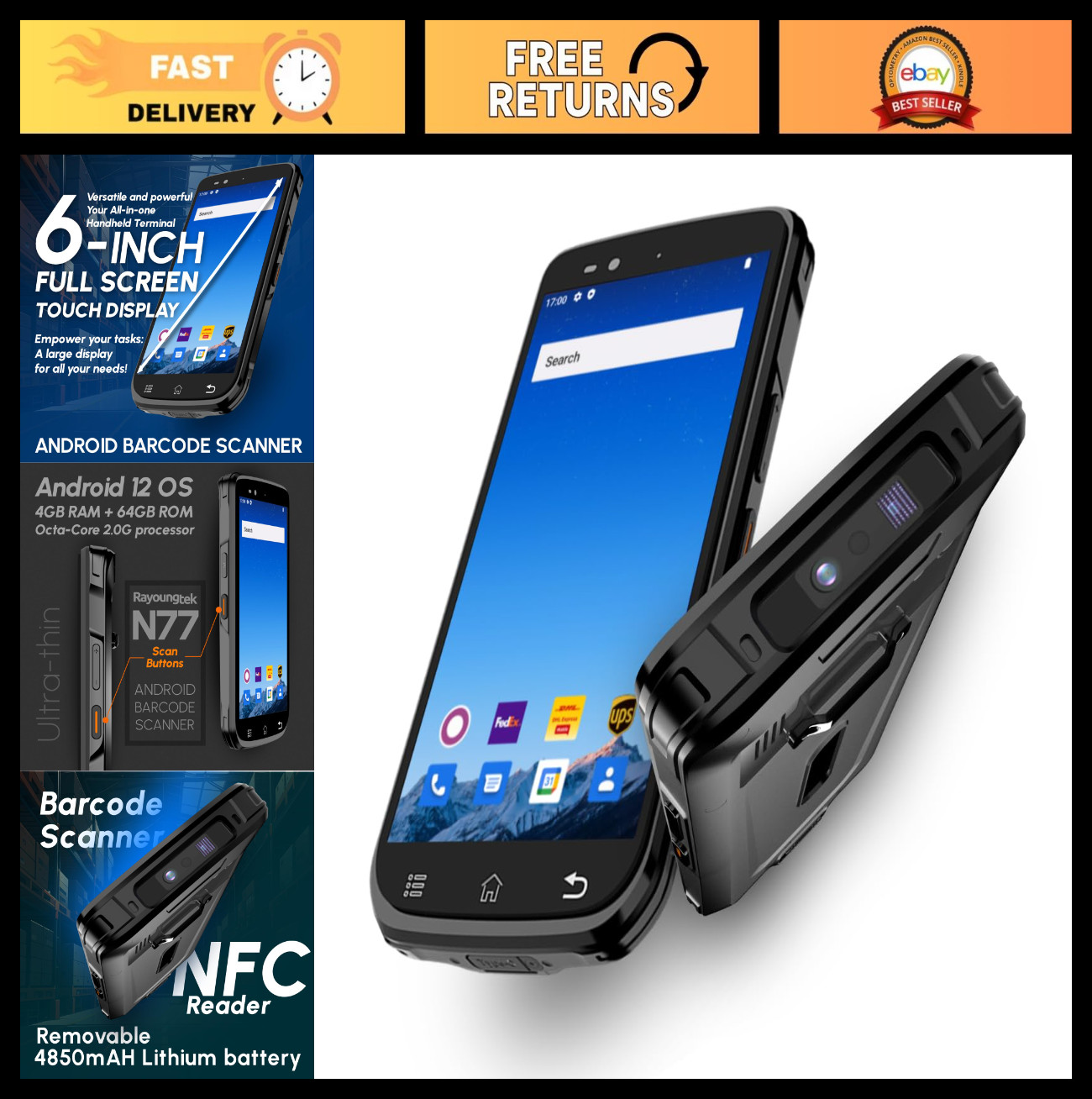 Android 12 Barcode Scanner 4+64GB, 1D/2D/QR, 4G Wireless Mobile PDA for Warehous