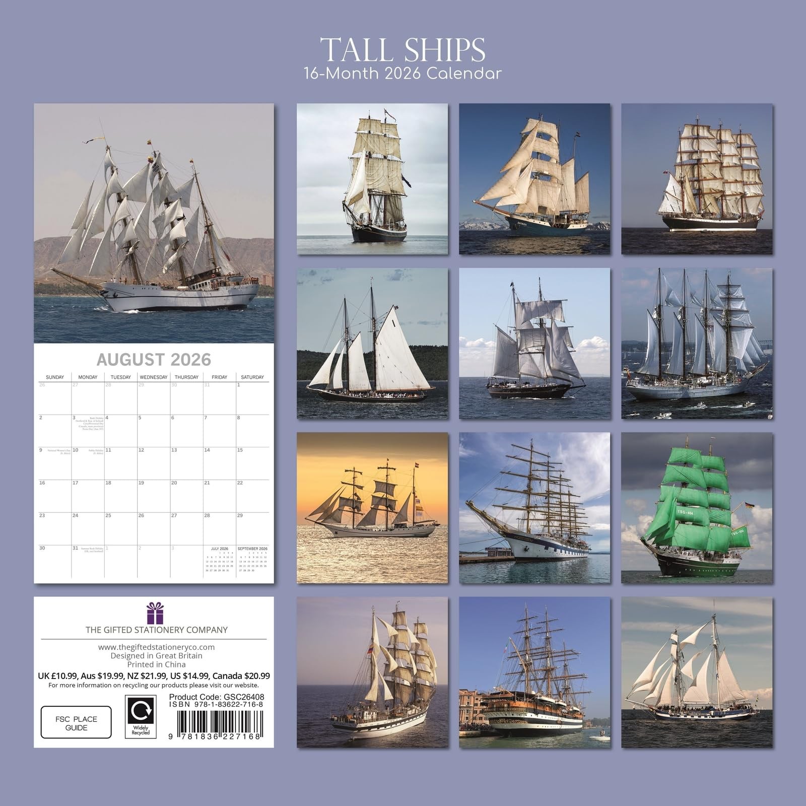 The Gifted Stationery 2026 Square Wall Calendar, Tall Ships, 16-Month…