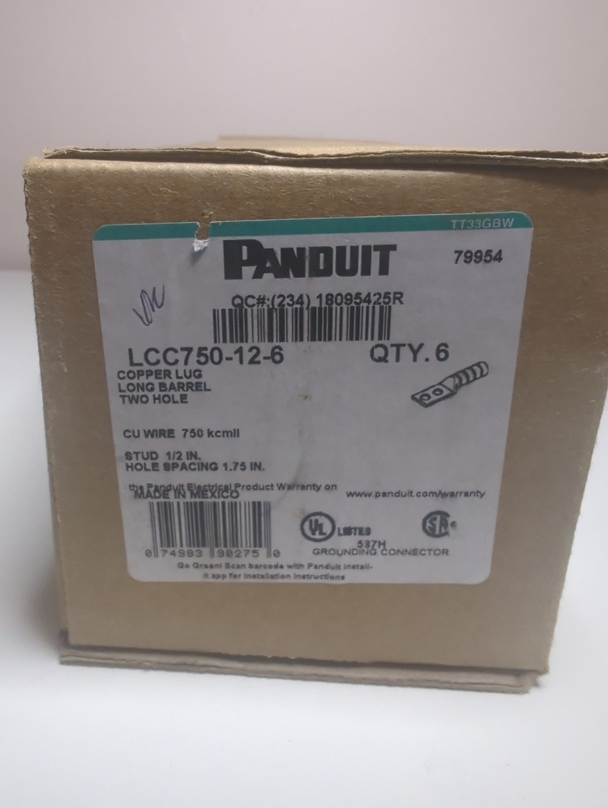 NEW Panduit LCC750-12-6 Copper Compression Lug 750 kcmil 2-Hole Long Barrel Qty6
