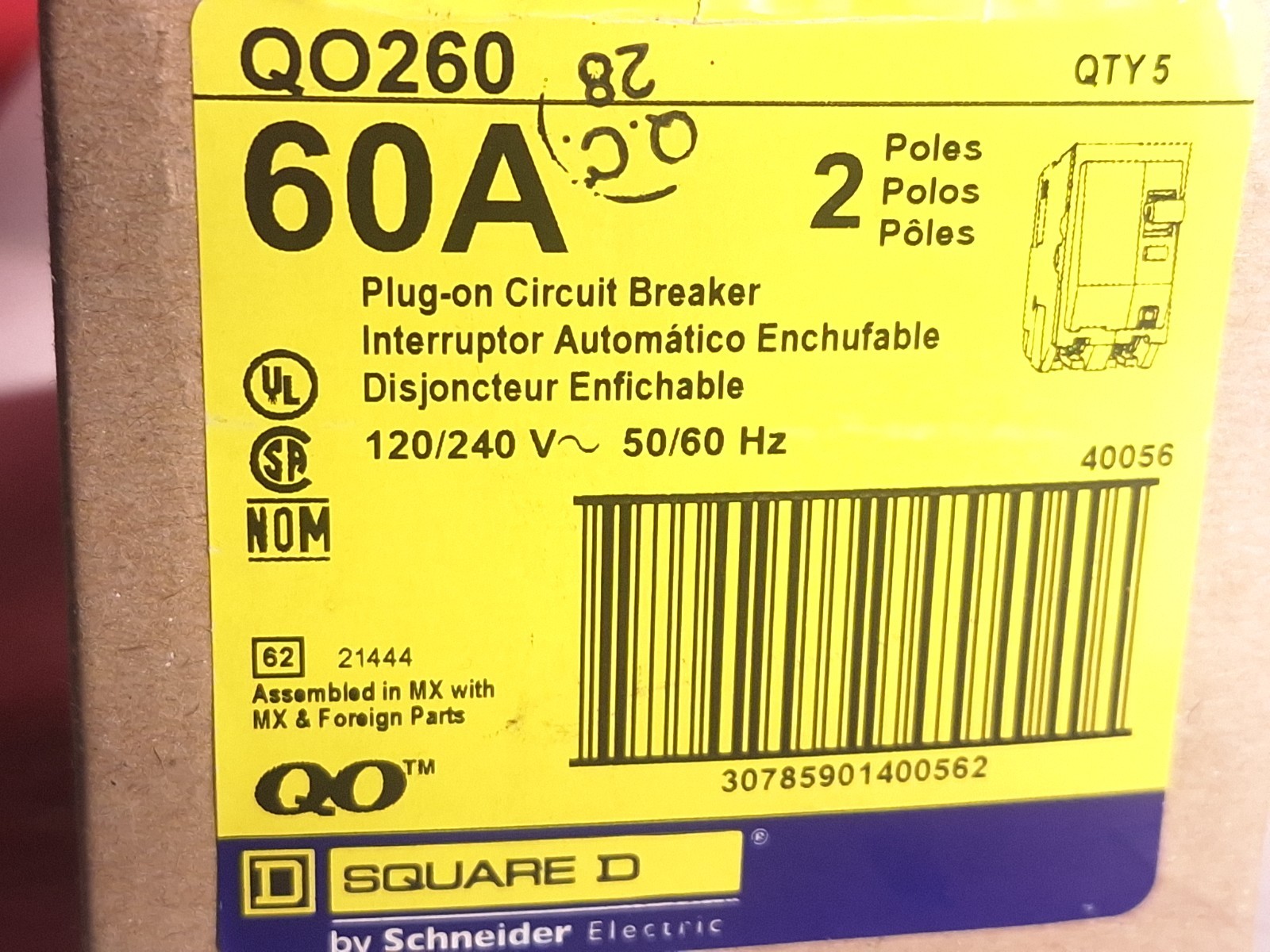 SQUARE D QO260 PLUG ON CIRCUIT BREAKER 60A 2P 120/240V 50/60Hz – 13 AVAILABLE