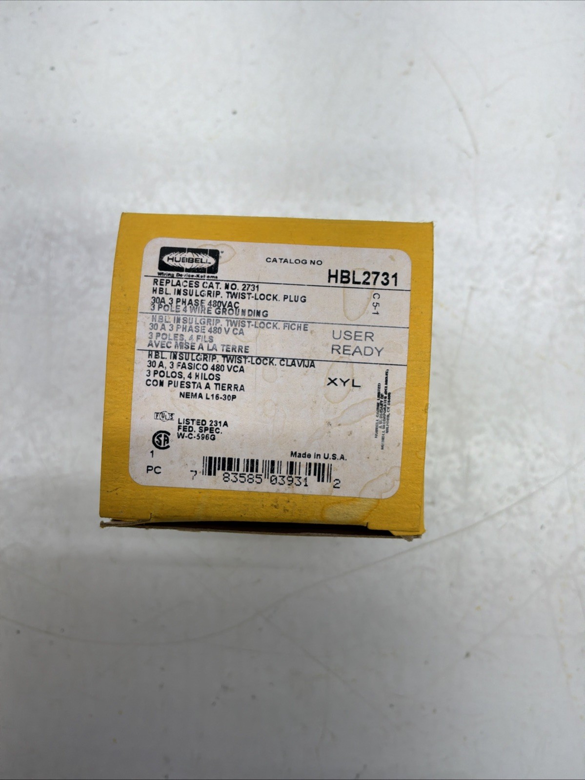 Hubbell Insulgrip Twist-lock plug 30A 3phase 4 Wire Grounding 480VAC HBL2731 NIB