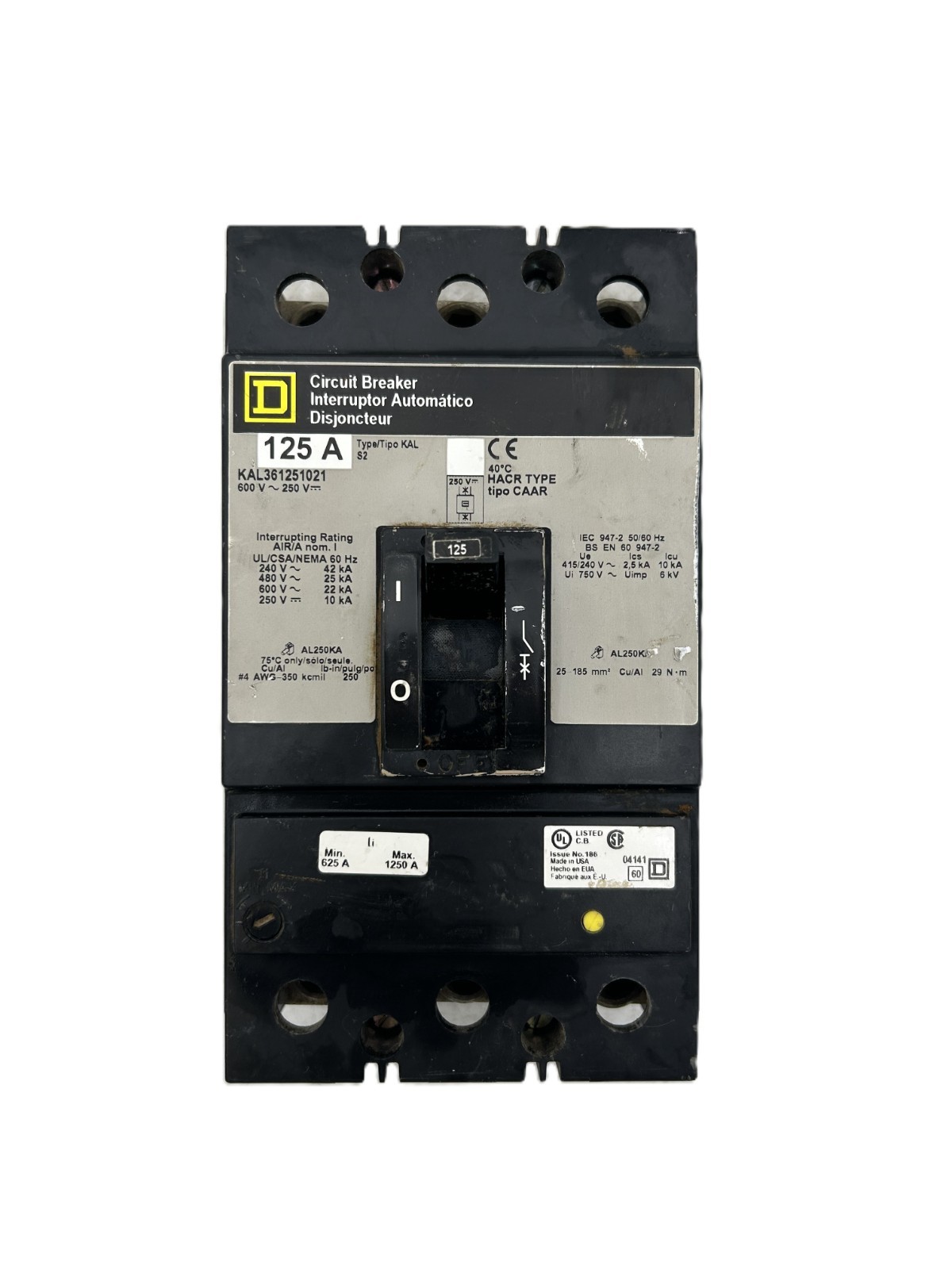 Square D KAL361251021 Circuit Breaker 125A 3-Pole 600VAC