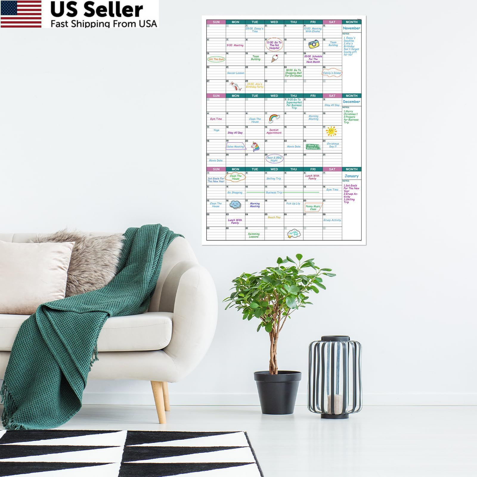 Large Dry Erase Calendar for Wall – Undated 3 Month 28″ x 40″, Green