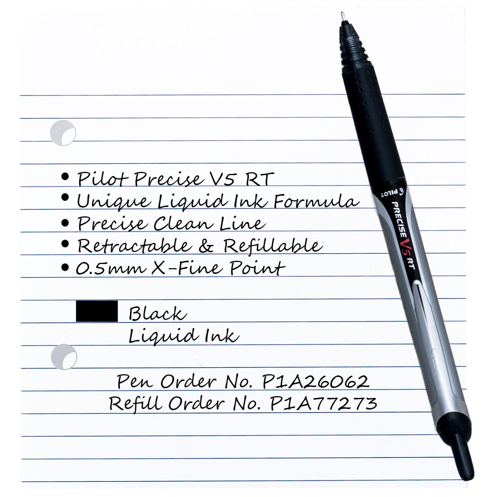 Pilot Precise V5 RT, 3 Pens With 4 Packs of Refills, Black Ink, 0.5mm X-Fine