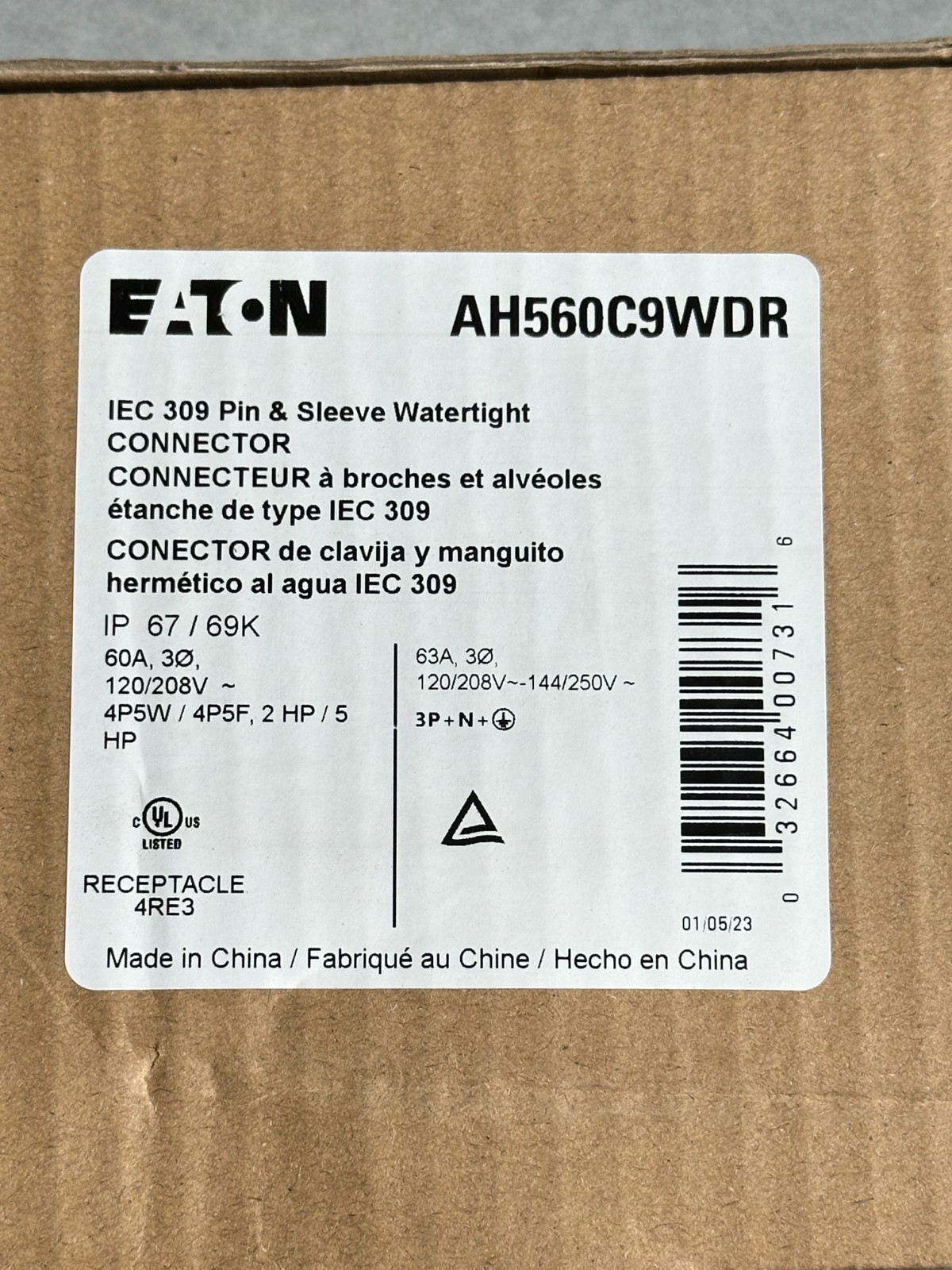 NEW Eaton AH560C9WDR Pin & Sleeve Connector 60/63A 3 PHASE 120/208V 4 Pole 5Wire