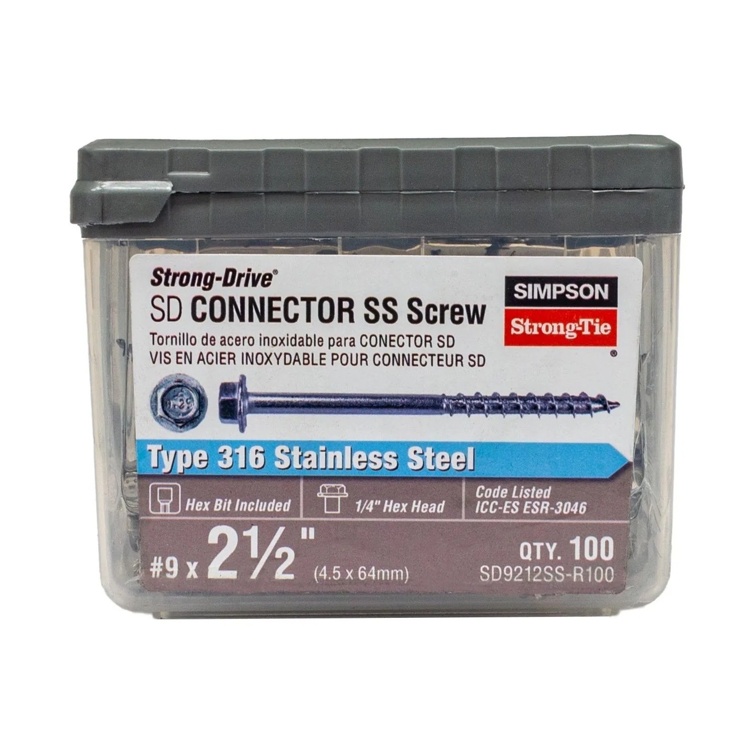Simpson Strong-Tie SD9212SS-R100 #9 x 2-1/2 Type 316 SS Connector Screws 100pk