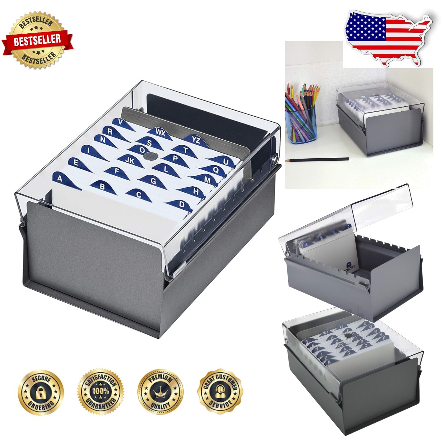 Durable 4×6 Card Holder, Metal Base, Clear Plastic Lid, AZ Index Included