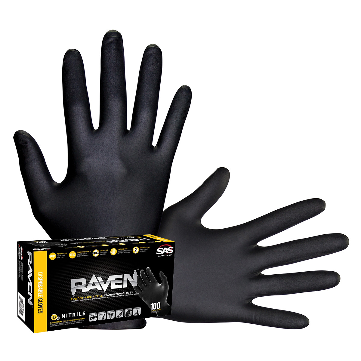 66517 SAS Safety Raven Black 7mil PF Nitrile Gloves, Medium (pk of 100)