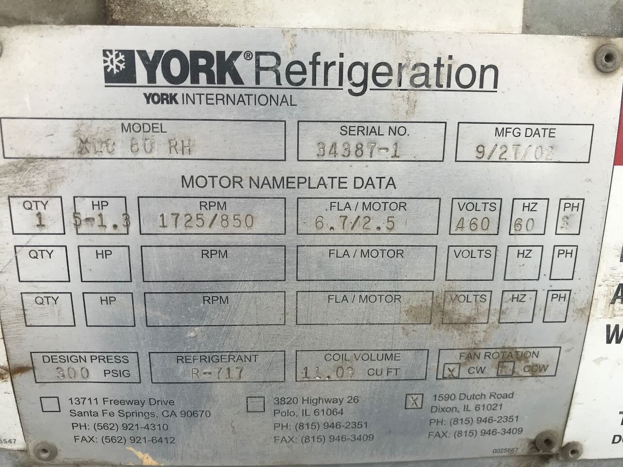 FRICK IMECO XLC-80 RH Evaporative Condenser York 44.4 tons 10′ x 12′ footprint