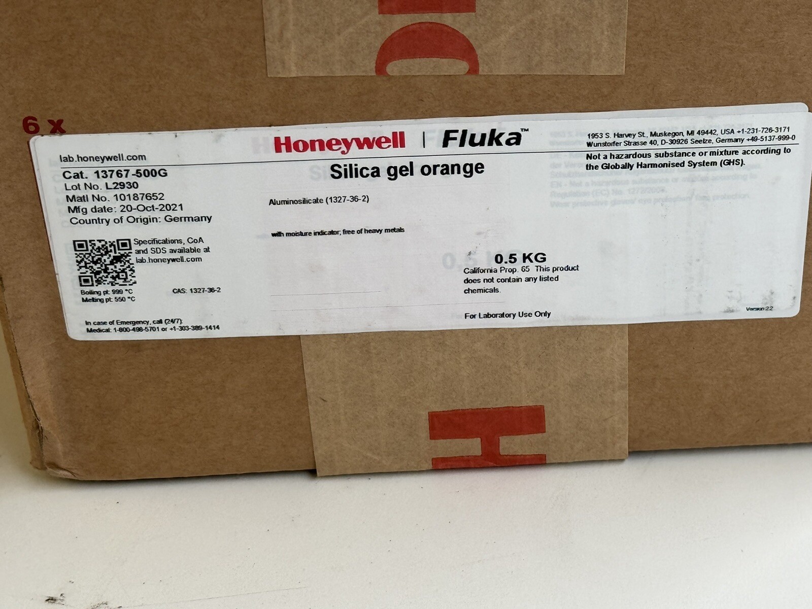 Honeywell FLUKA Silica Gel Orange 6 0.5 KG Bottles 13767-500G