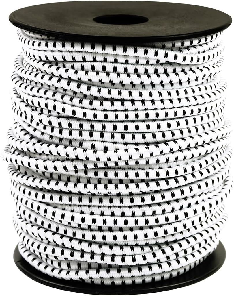 Bungee Cord Roll 1/8 Inch X 100 Feet, White Black Heavy Duty Elastic Shock Cord