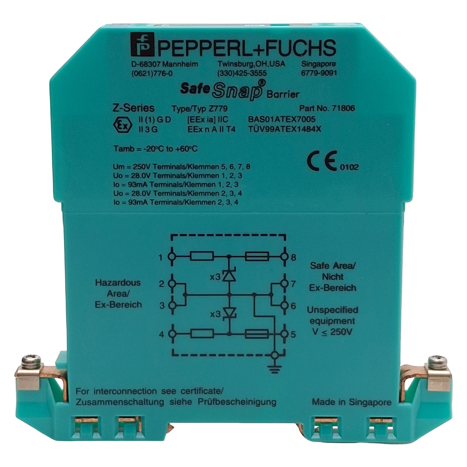 Pepperl + Fuchs 71806 Z779 Safe Snap Zener Barrier, 2-Ch 26.5V @ 10µA DC Version
