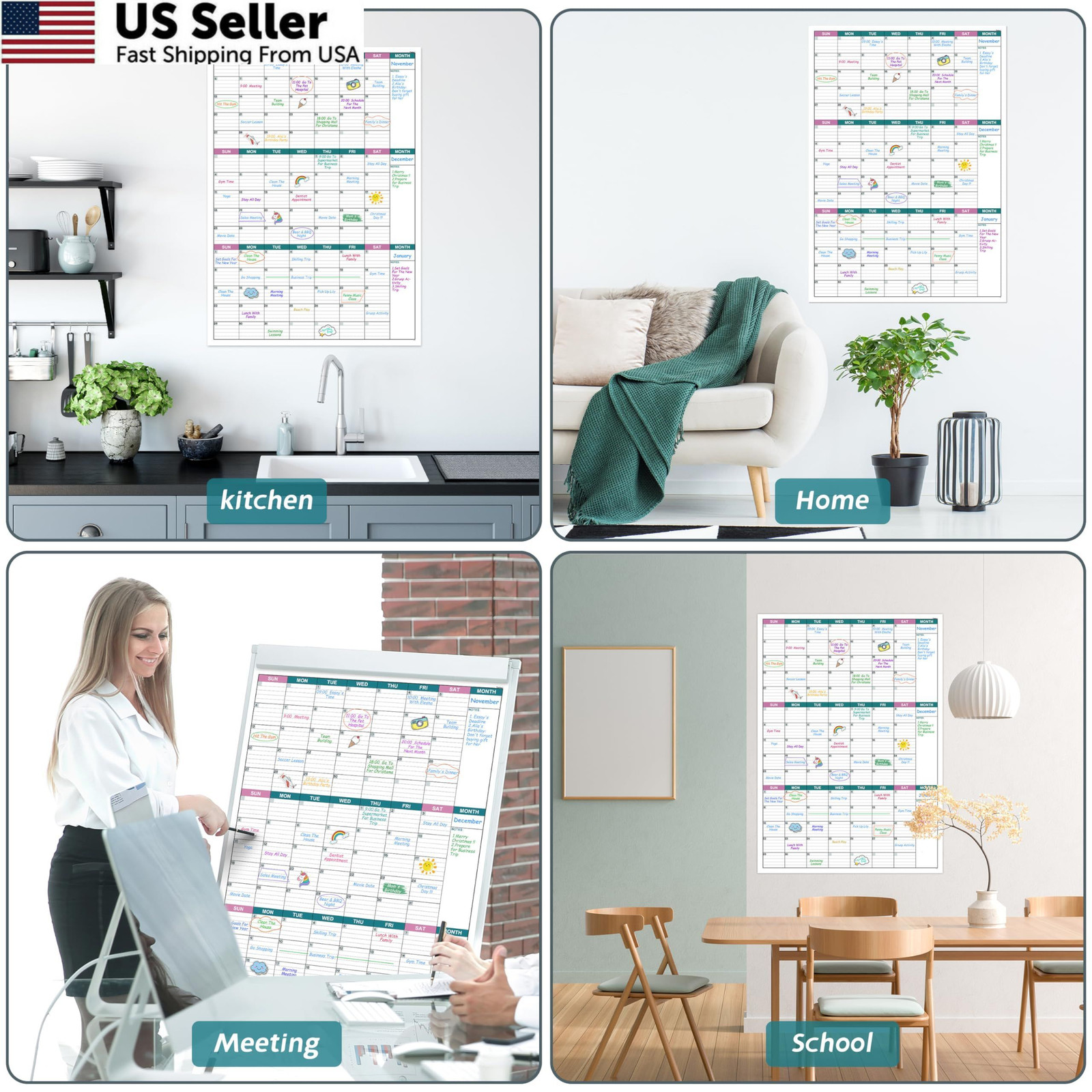 Large Dry Erase Calendar for Wall – Undated 3 Month 28″ x 40″, Green