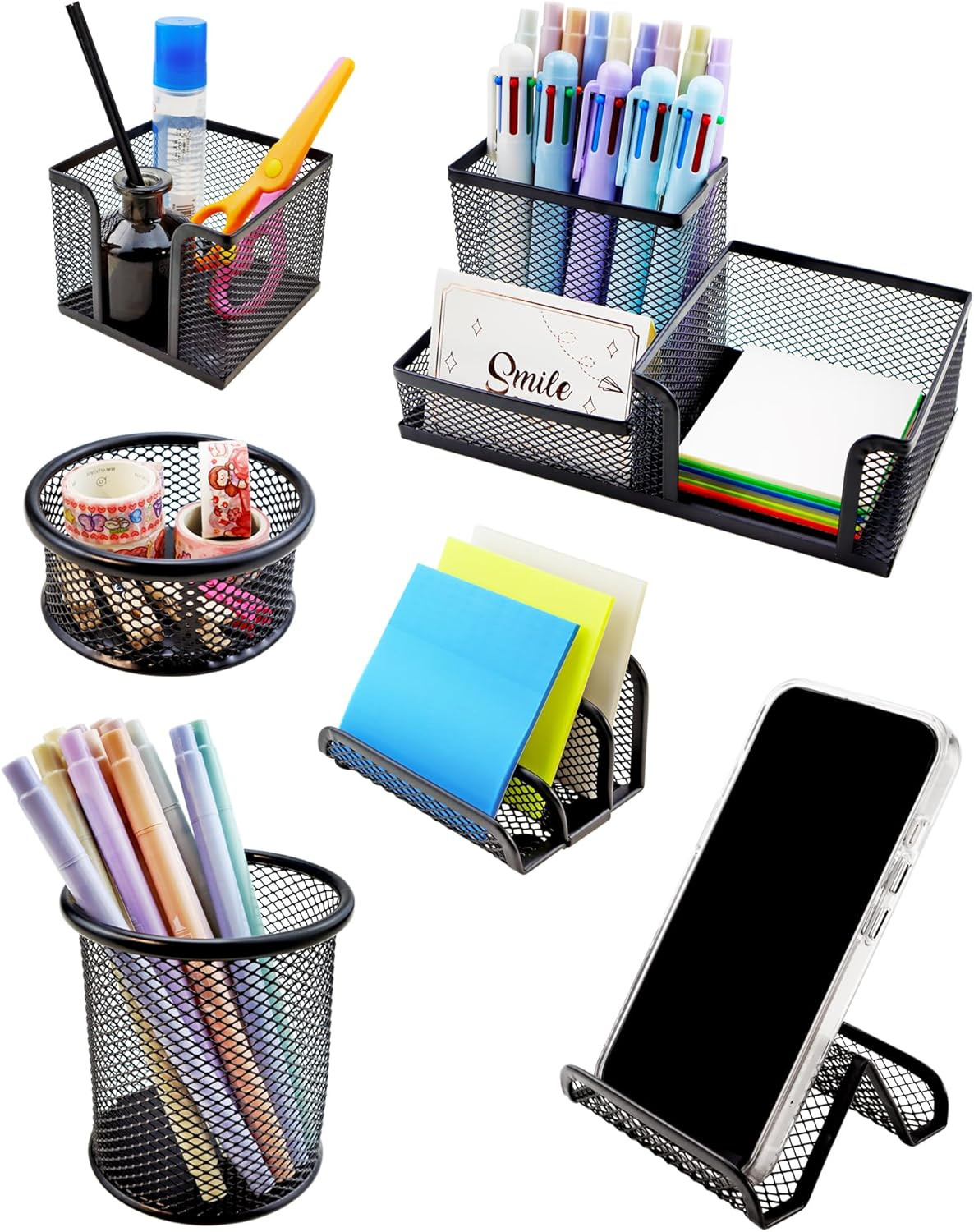 Desk Organizer Set, 6 Piece Mesh Office Accessories, Pen Holder, Phone Stand
