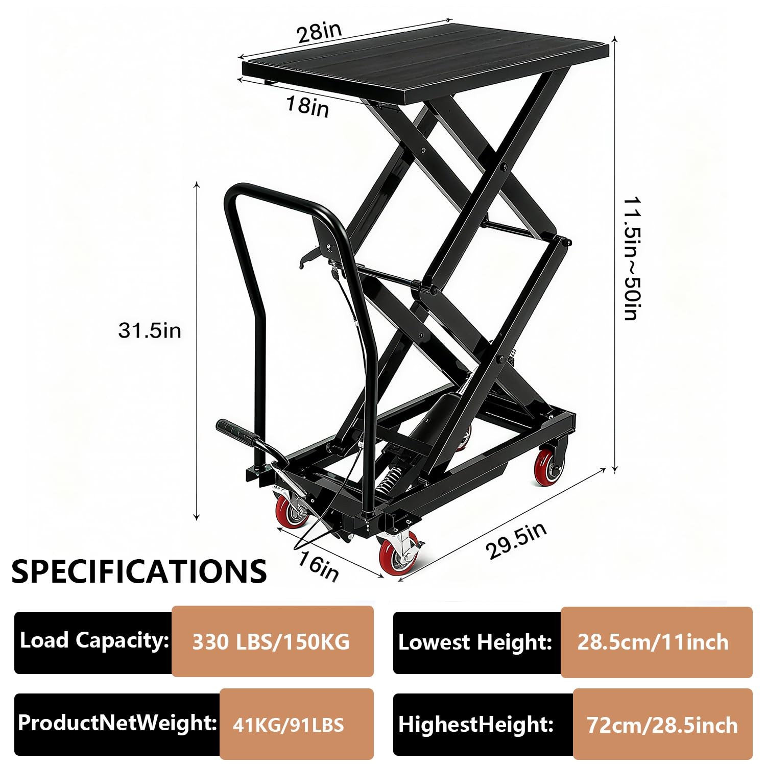 50″ Hydraulic Lift Table Cart 330lbs Wheels Manual Double Scissor Lift Table
