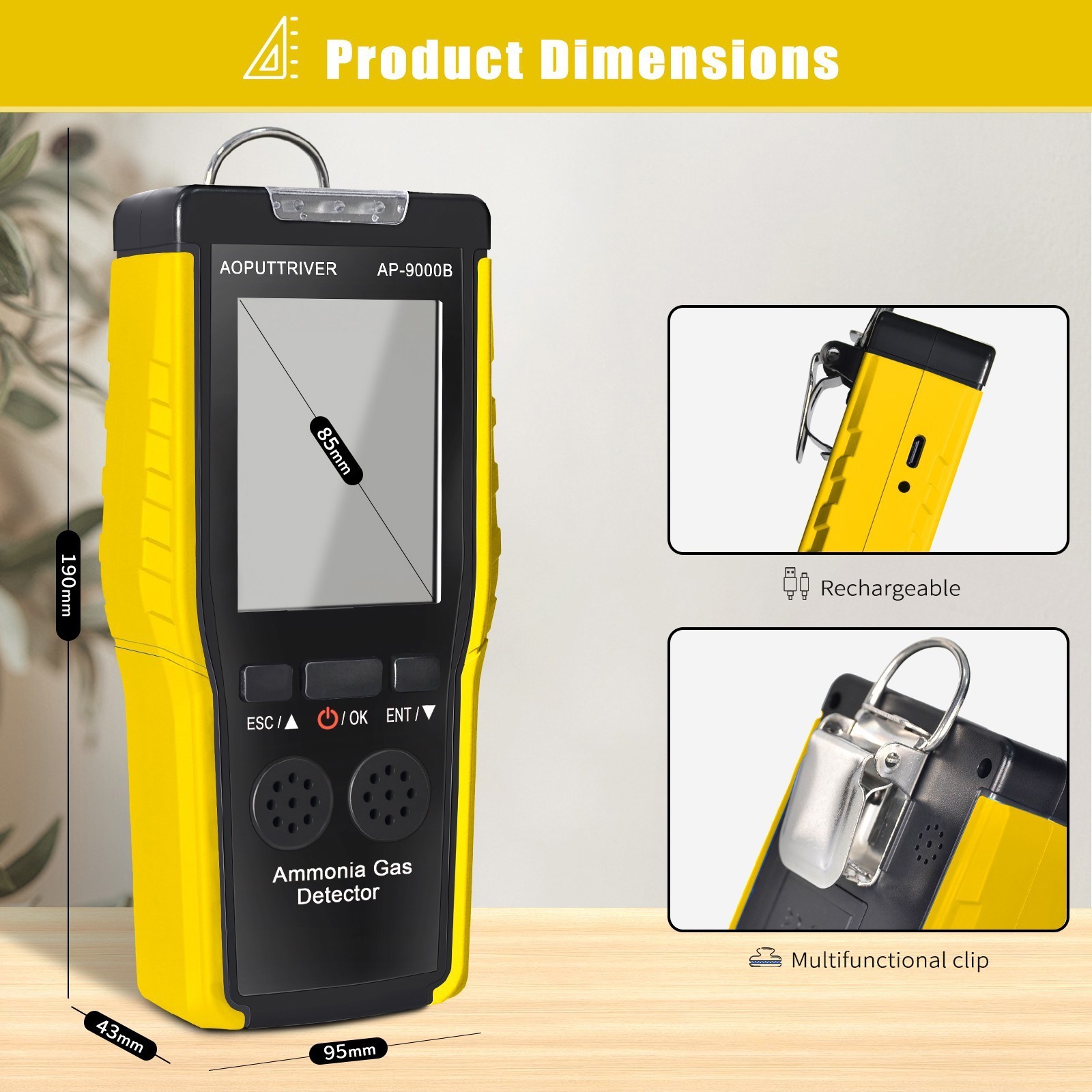 Ammonia Gas Detector 0~100PPM NH3 Monitor Temperature Humidity Tester Alarm Mode