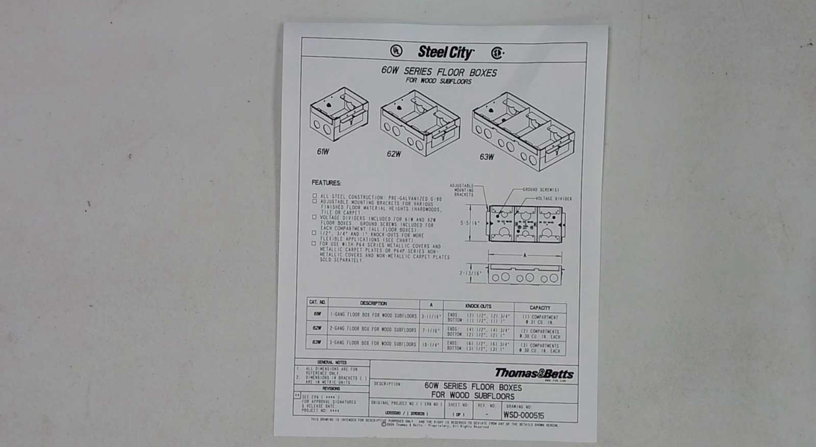 61W Steel City Galvanized Steel Floor Box, Thomas&Betts 60W Series NEW