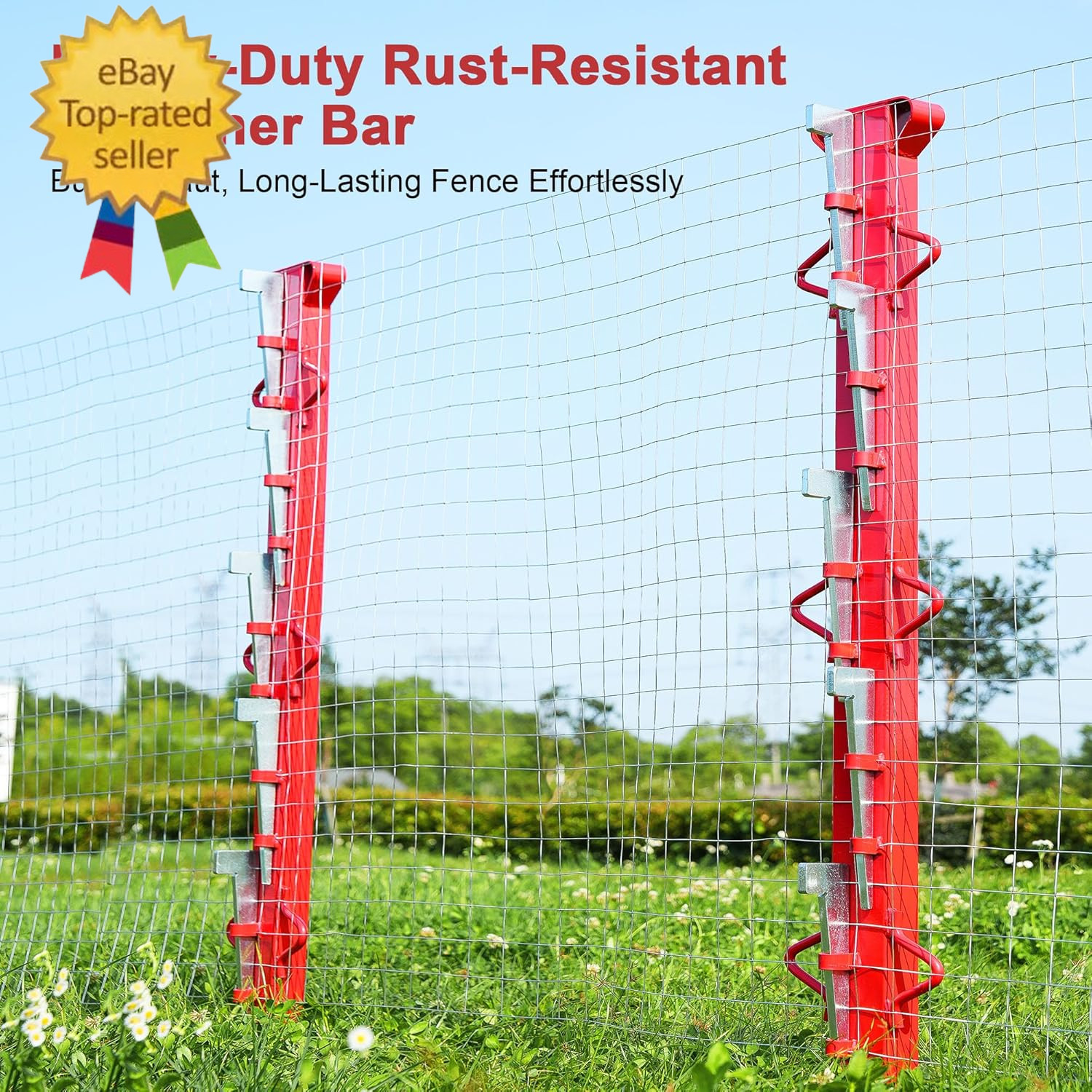 4Ft Woven Wire Fence Stretcher Bar with 5 Wedges, Heavy-Duty Carbon Steel Fence