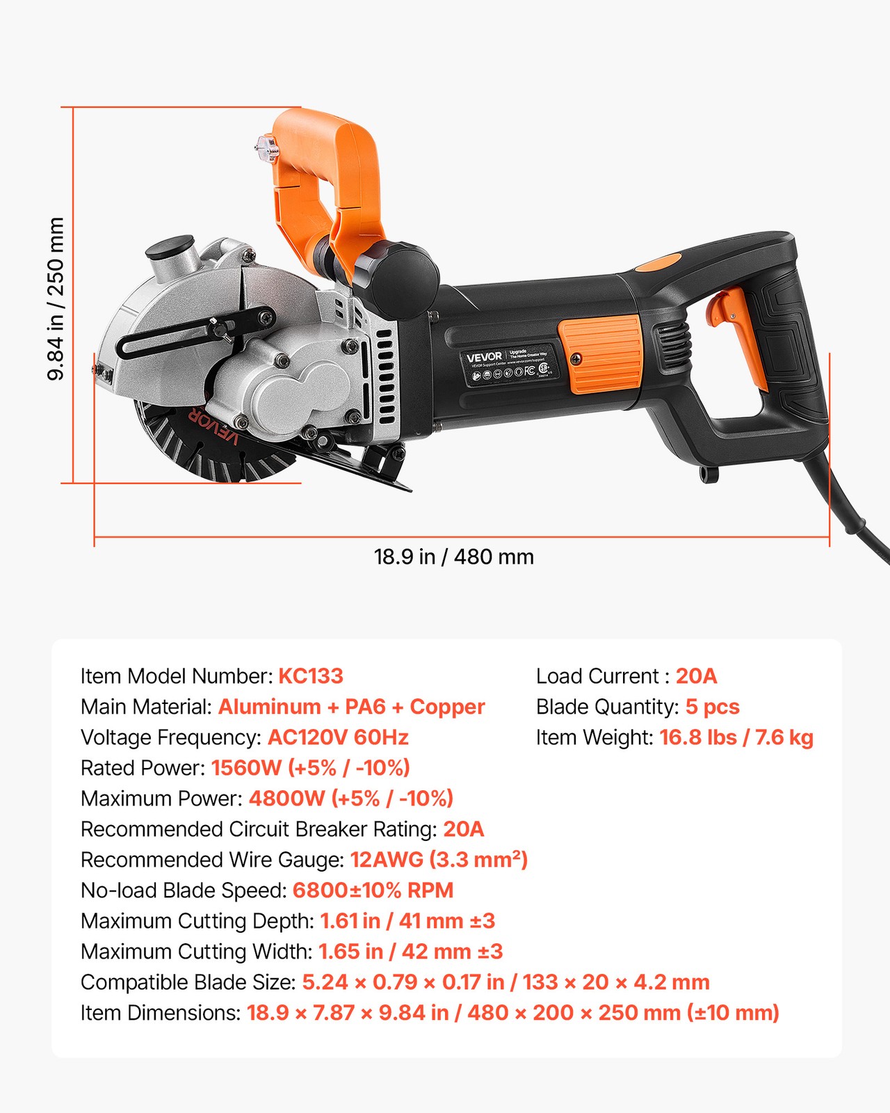 VEVOR Wall Chaser 4800W Electric Groove Cutting Machine 6800RPM Guide Line