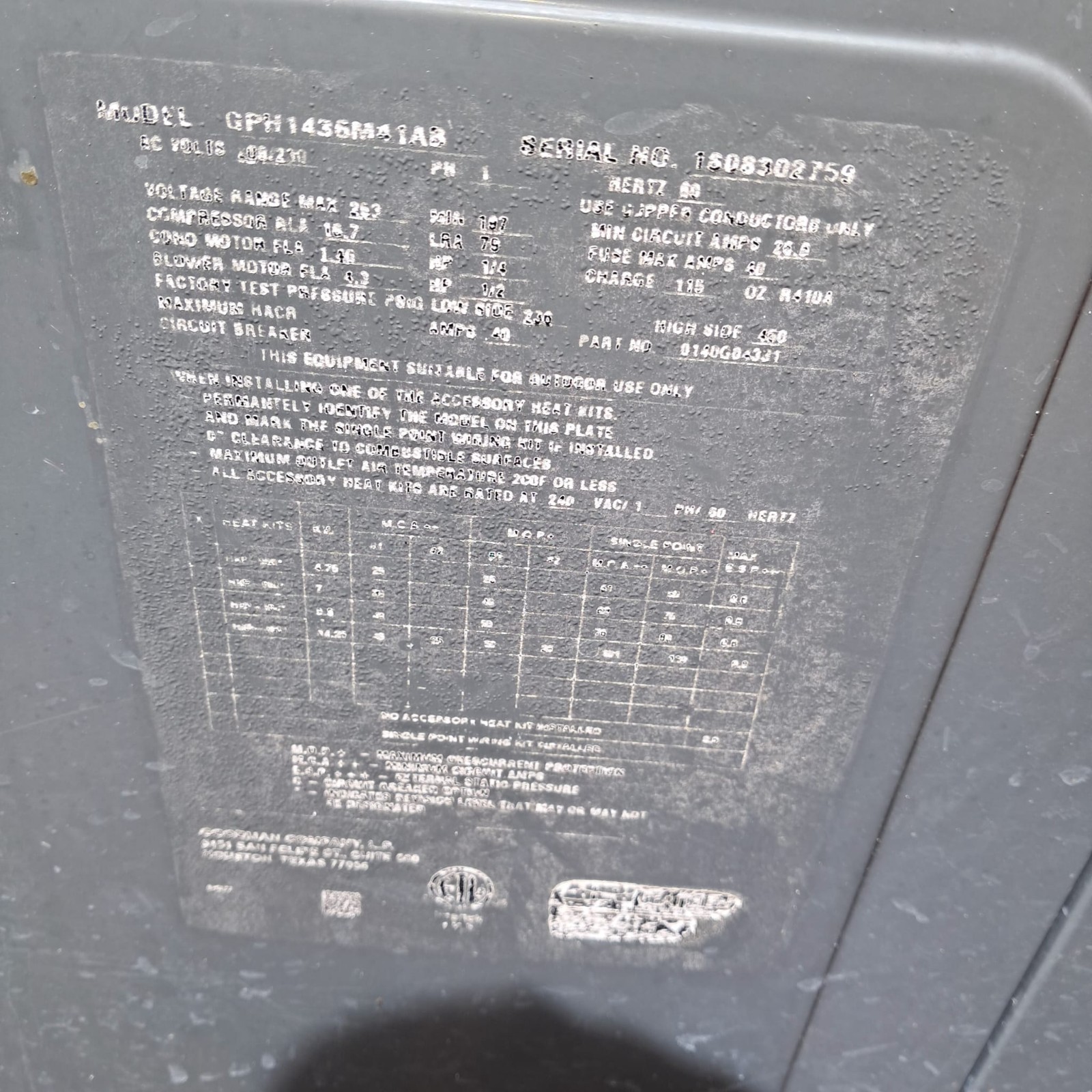 GOODMAN Used Central Air Conditioner fuse 40A 3 Ton 14 SEER