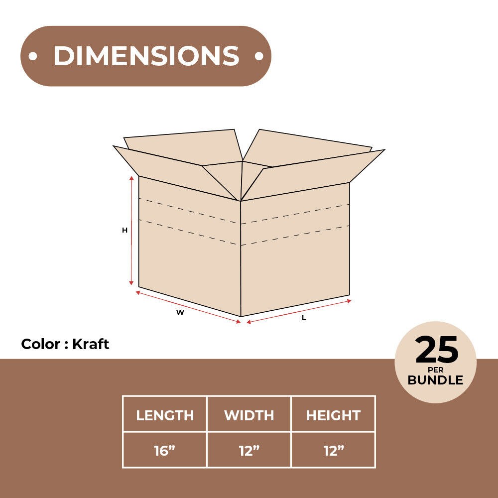 25 Multi-Depth Corrugated Boxes – 16 x 12 x 12, Brown ECT-32