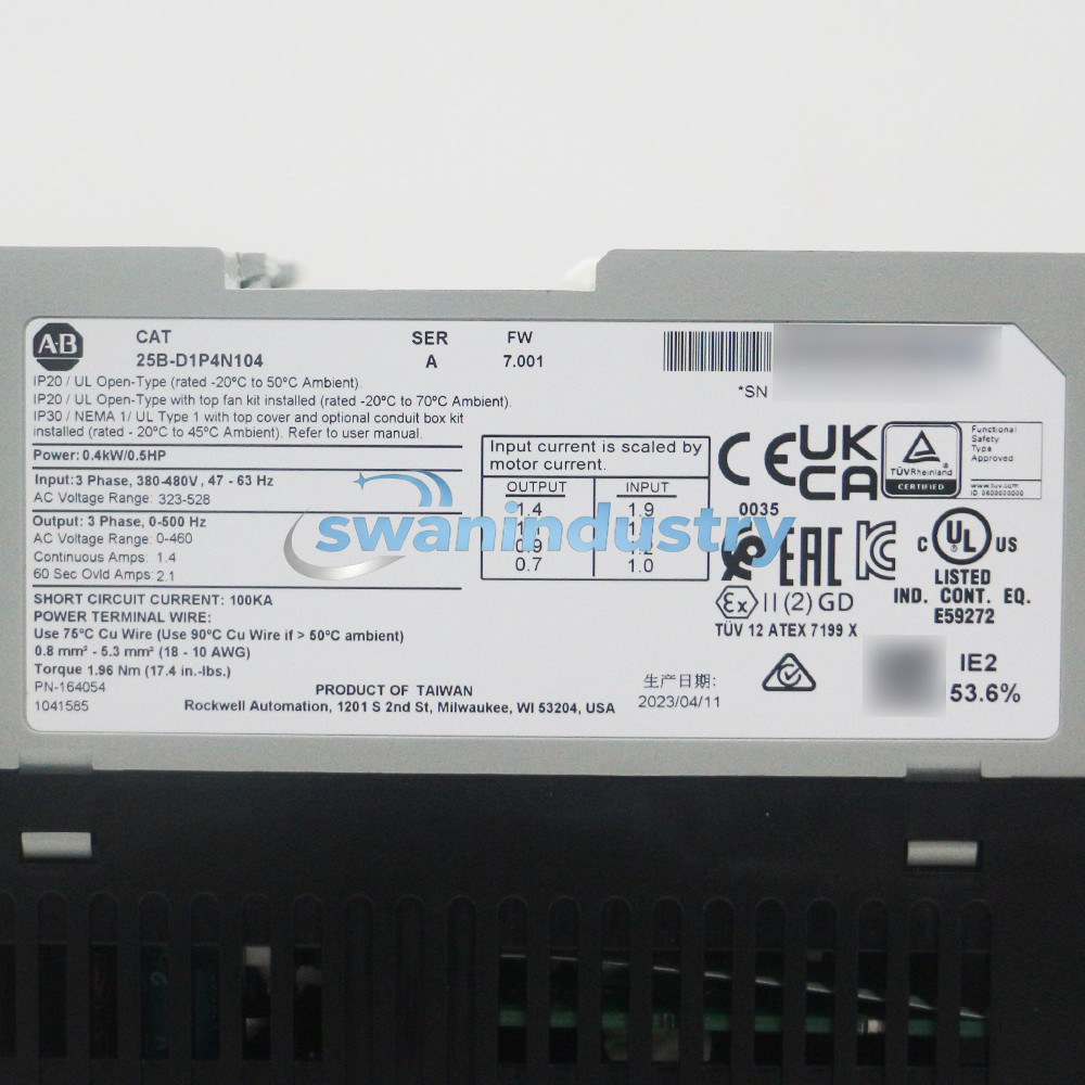 Allen-Bradley 25B-D1P4N104 PowerFlex 525 0.4kW 0.5Hp AC Drive 3PH 380…480V AC