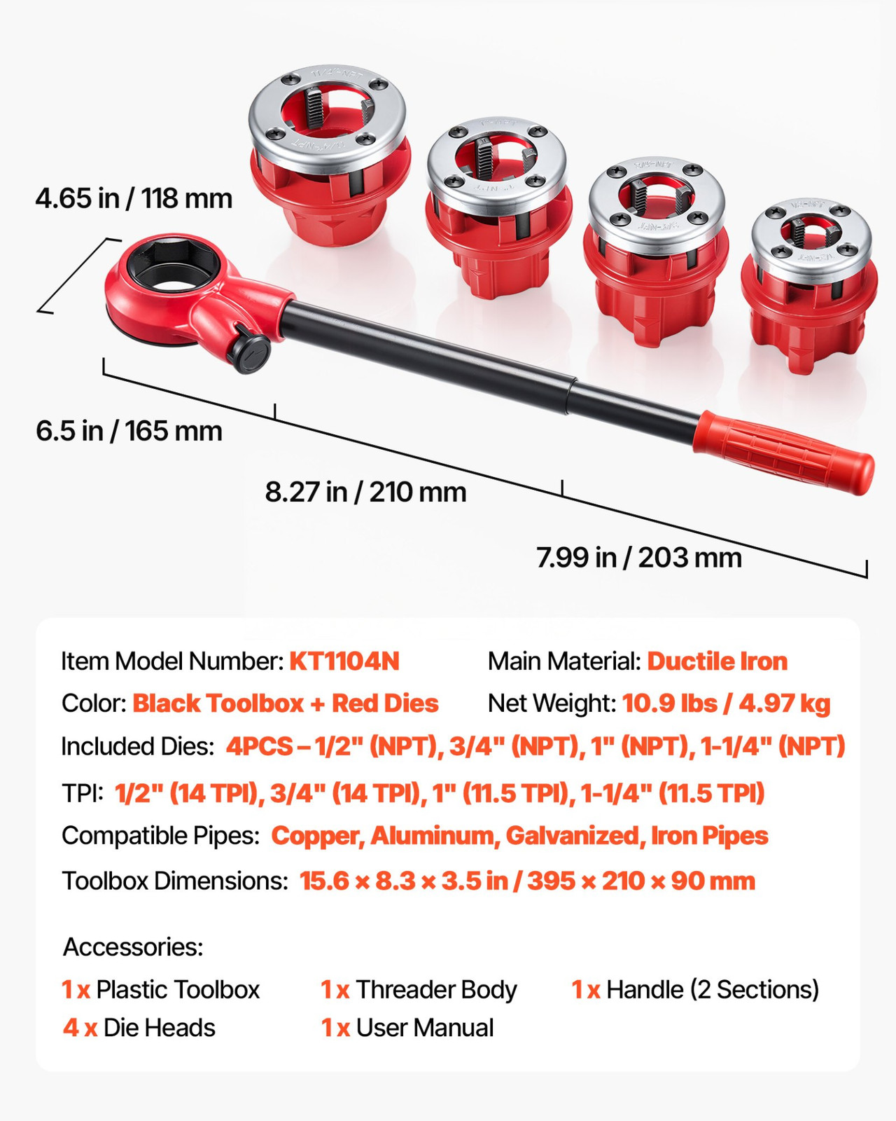 Ratchet Pipe Threader Kit w/ 4 Dies 1/2-1-1/4 in NPT Plumbing Tool Set