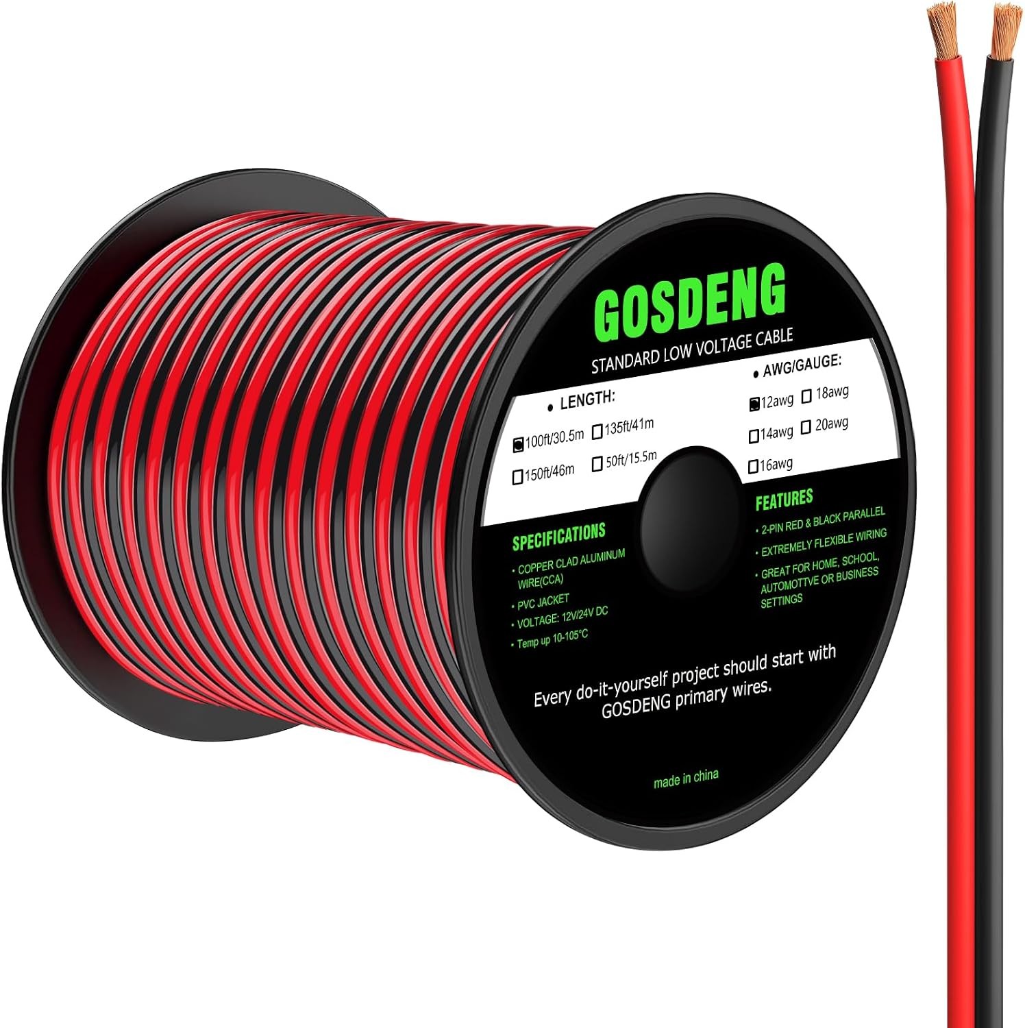 12 Gauge Wire 100FT, 2 Conductors Electrical Wire Red and Black Cable, Low Volta