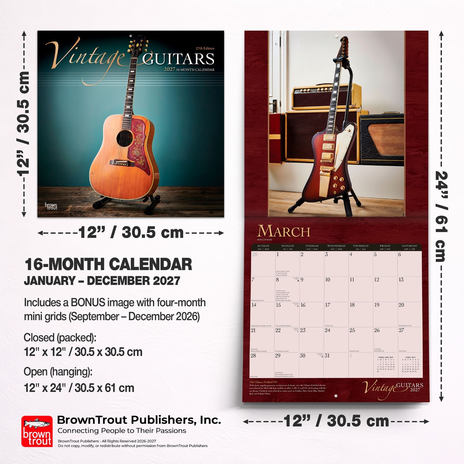 Vintage Guitars | 2027 12×24″ (Hanging) Wall Calendar | Foil Stamped Cover