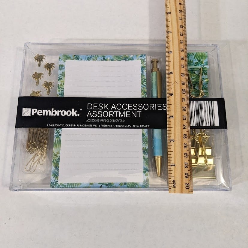Pembrook Desk Accessories Assortment Tropical Palm Gold Pens Notepad Clips Set