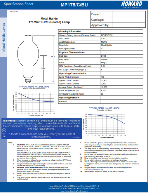 Howard Lighting MP175/C/BU Protected Metal Halide 175W M57/O EX39 BT28-P Coated