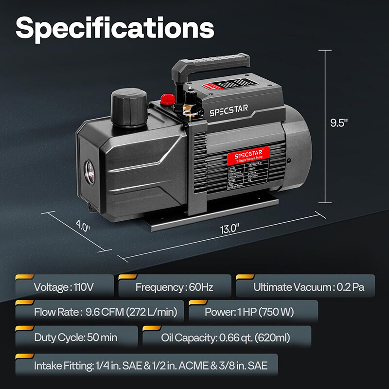 110V 9.6 CFM 1 HP Dual-Stage Rotary Vane HVAC Air Vacuum Pump with Oil Bottle