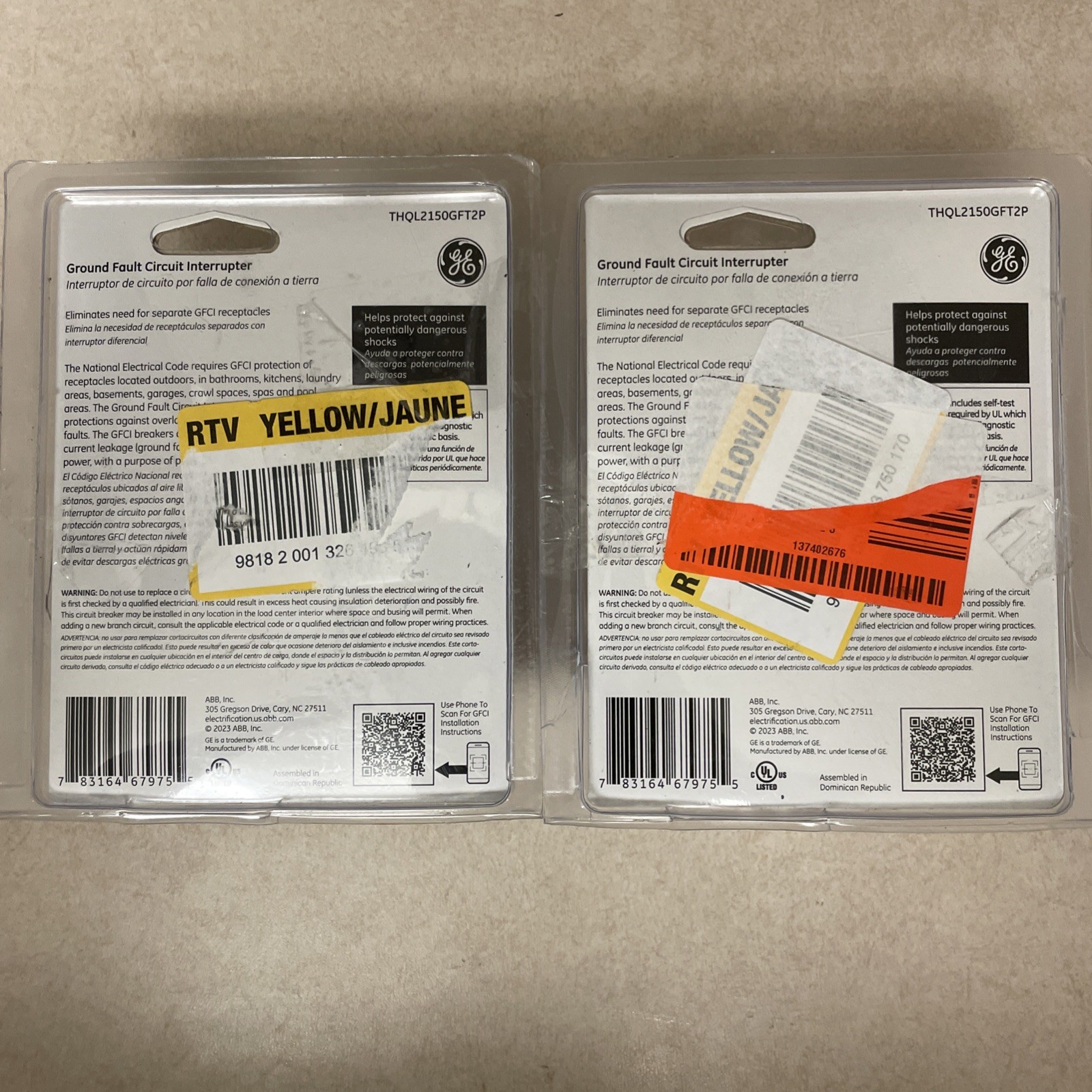 (2) GE Ground Fault Circuit Breaker THQL2150GFT2P 50A Double Pole 120/240 VAC