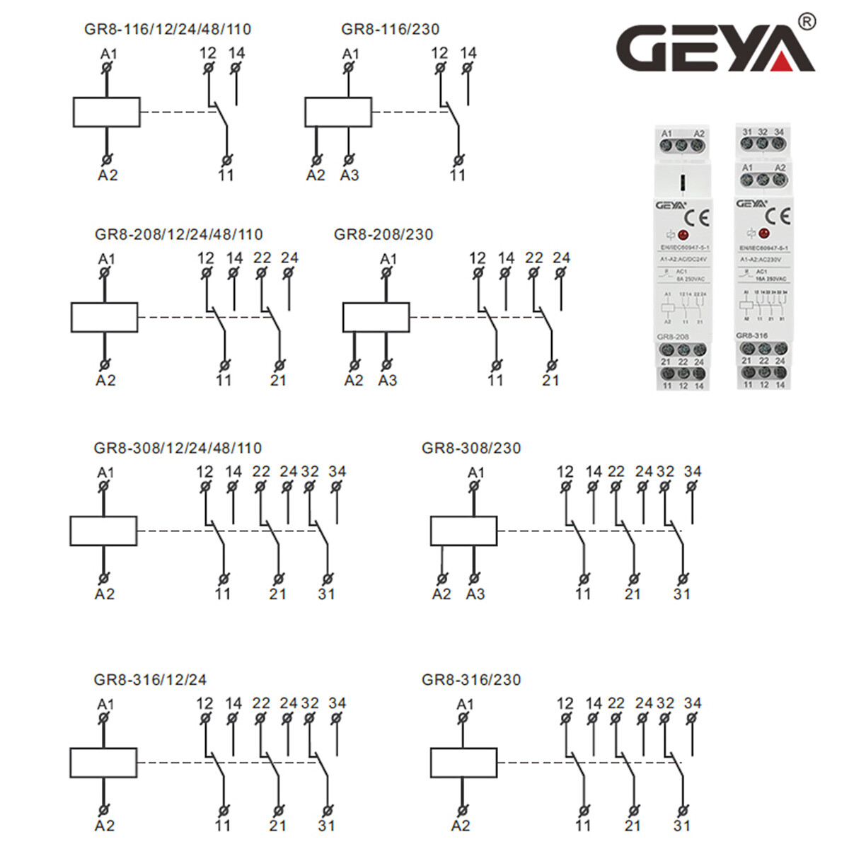 GEYA Auxiliary Relay AC/DC12/24/48/110V AC230V 8/16A Intermediate Module Relay