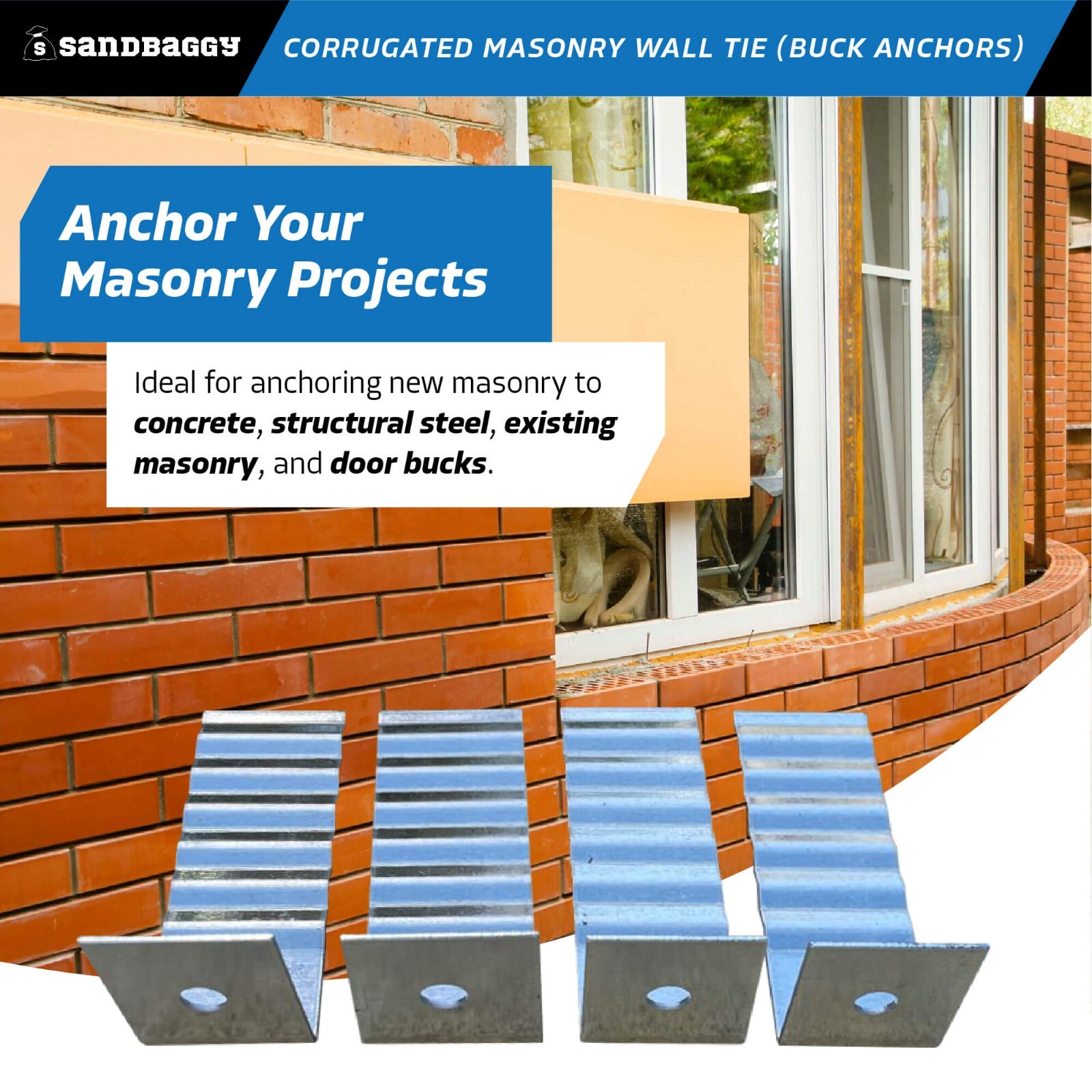 Sandbaggy Corrugated Masonry Wall Tie – Buck Anchor – 16 Ga (Hot Dip Galvanized)