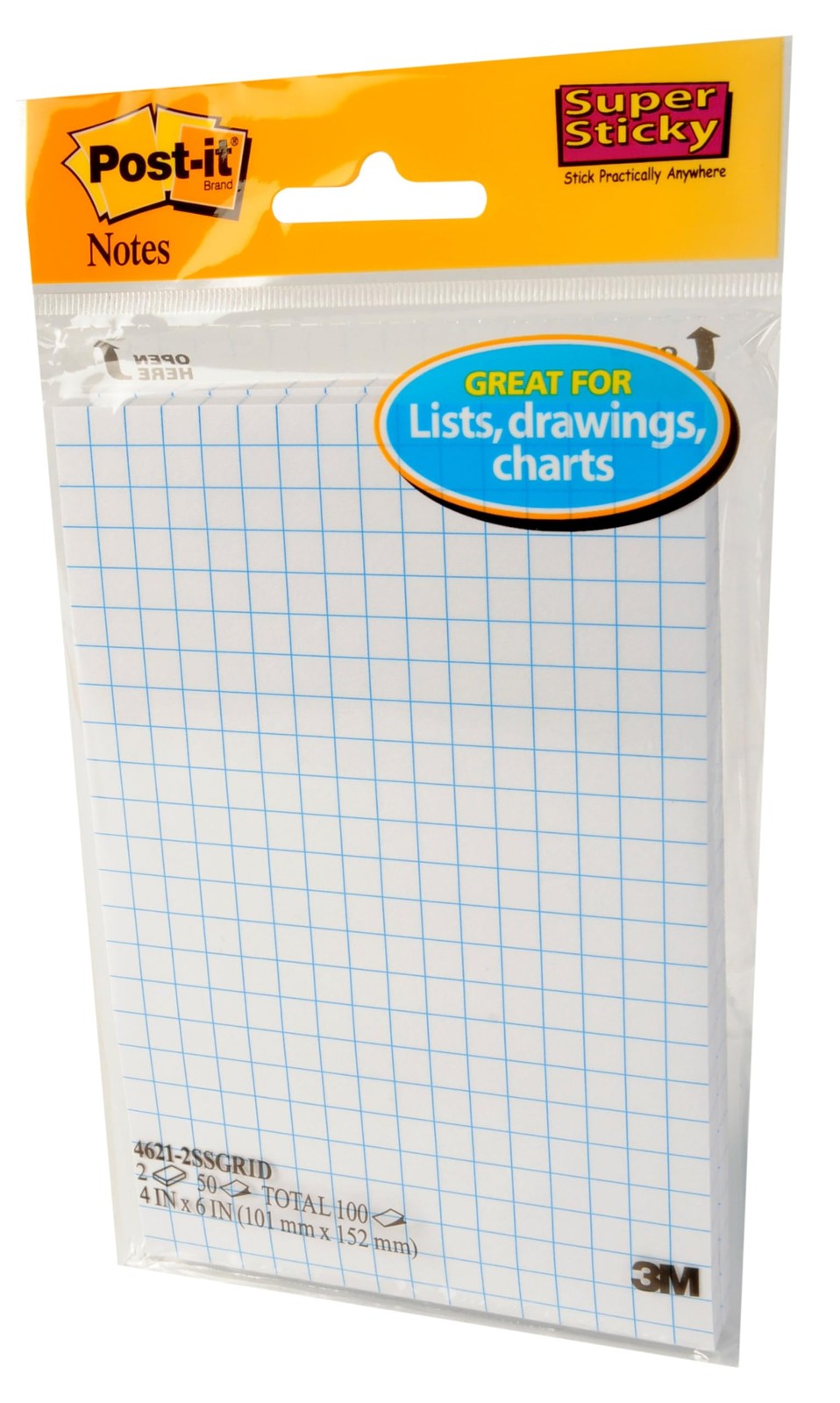 Post it Super Sticky Notes 4 x 6 White and Blue Grid Lines 2 Pads 50 Sheets