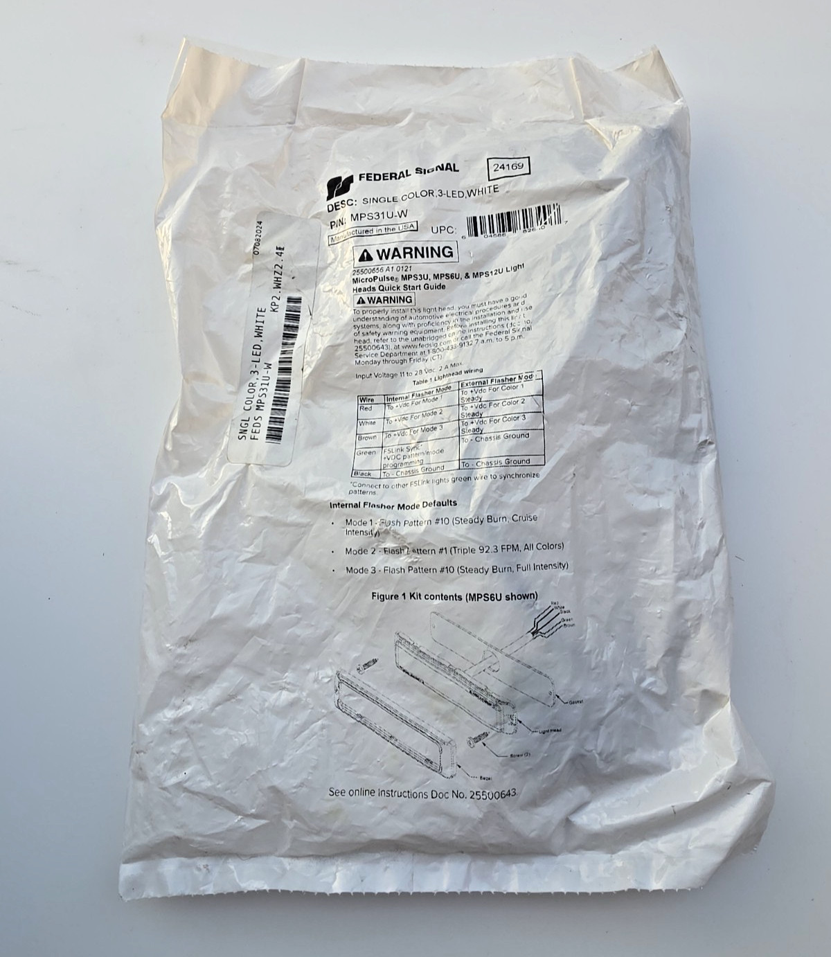 MPS31U-W, Federal Signal Micropulse Surface Mount 3 LED White Light, NEW