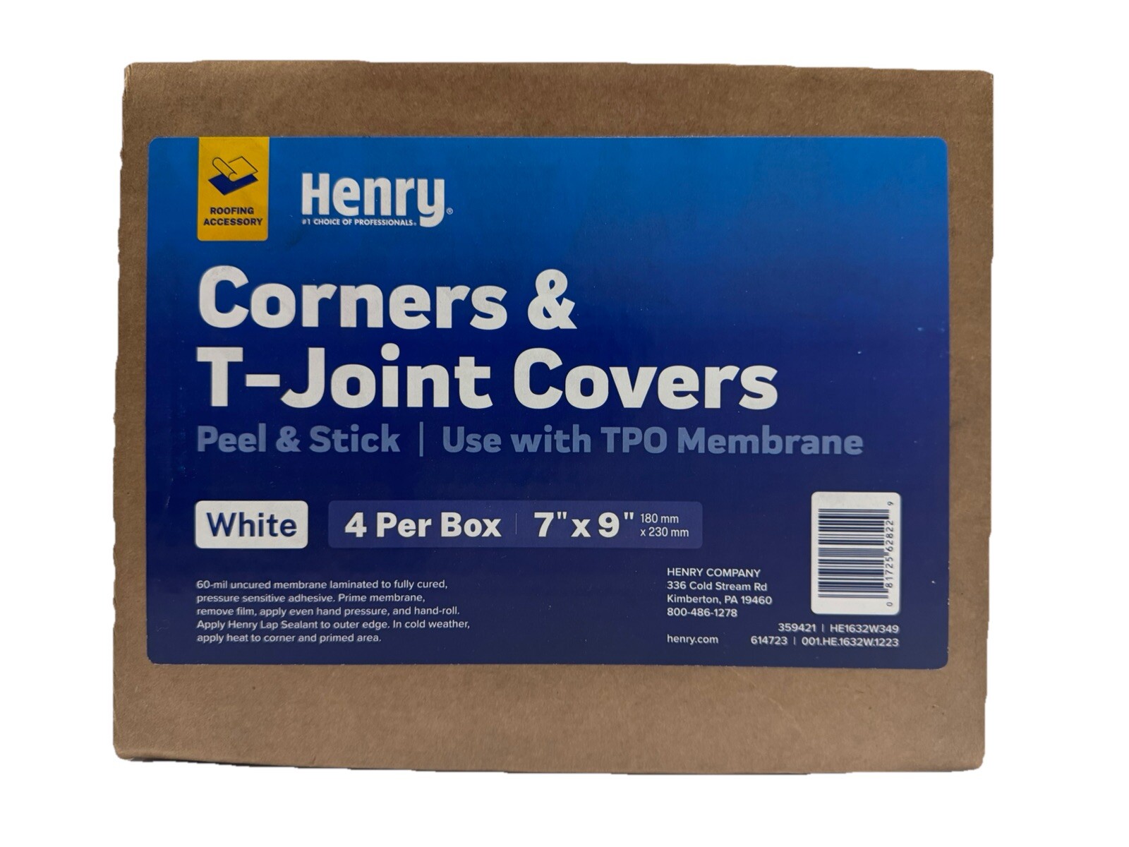 Henry TPO Corners, T-Joint Covers Single Ply Self Adhering HE1632W349, Pack of 4