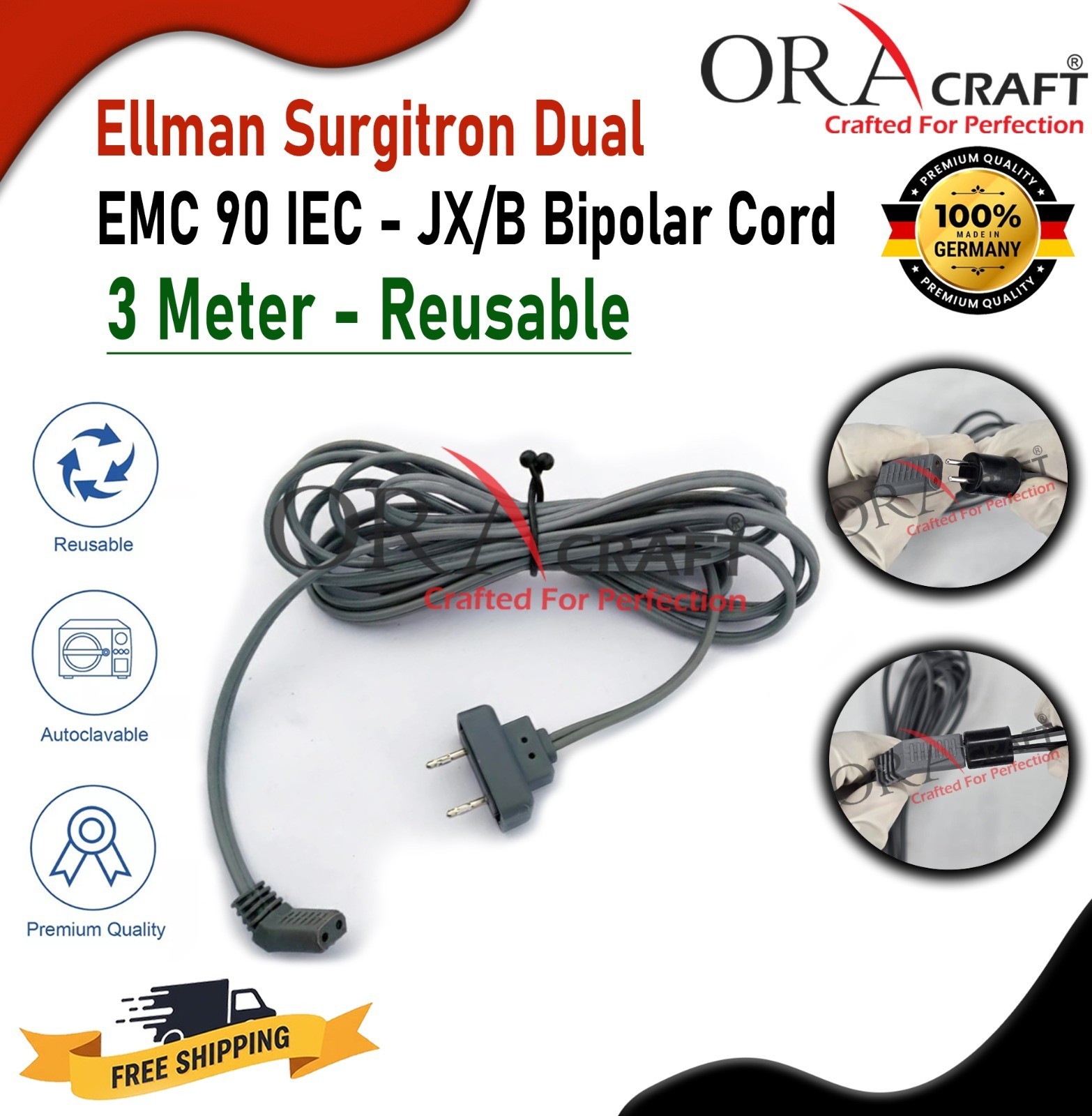 Ellman Surgitron FFPF IEC Bipolar Cord IEC-JX/B Silicon Wire Autoclavable CE/FDA