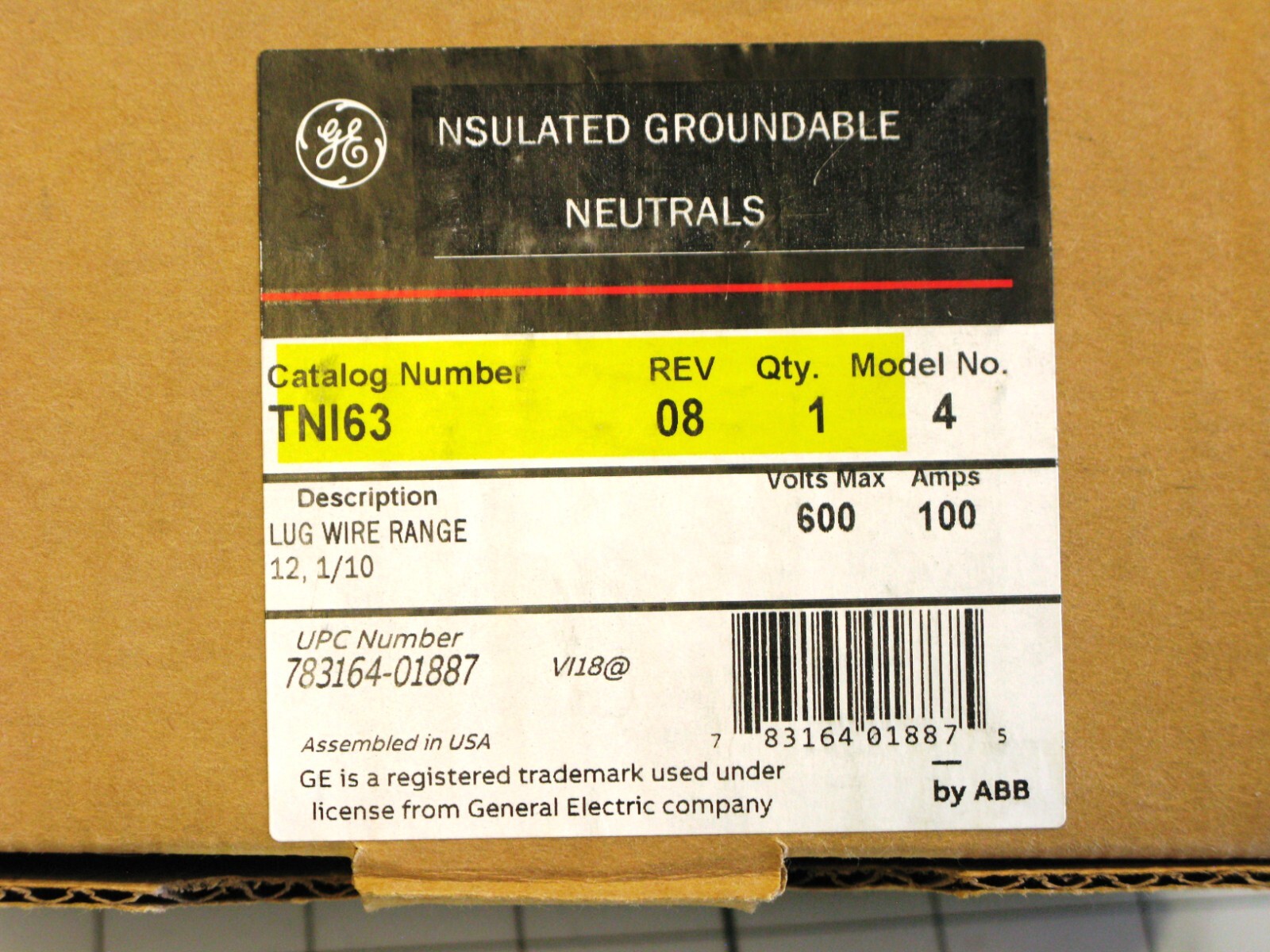 General Electric TN163 Insulated Groundable Neutral 600 volts 100 amps GE