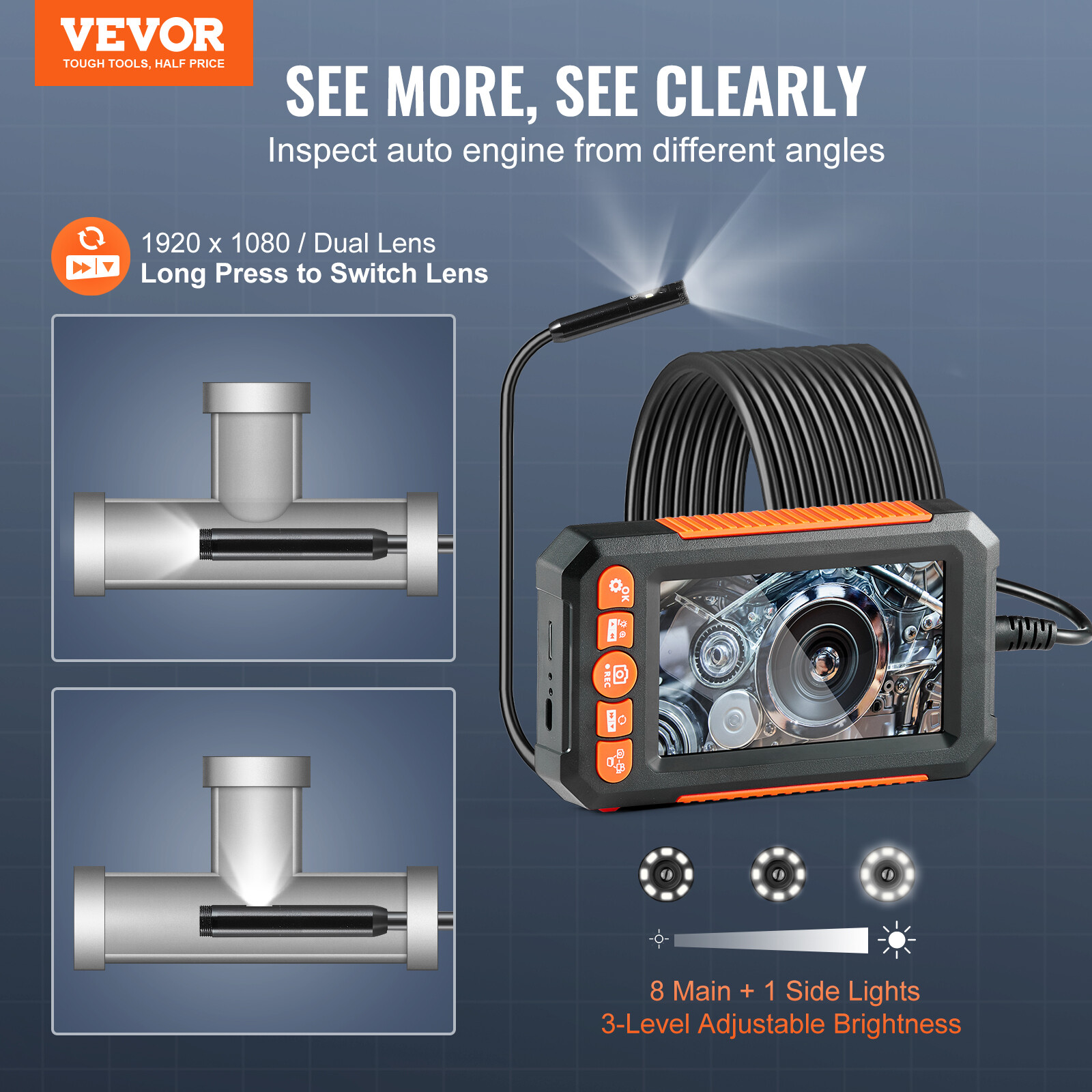 VEVOR Endoscope Camera with Lights Dual Lens Borescope 16.4FT Cable 4.3″ Screen