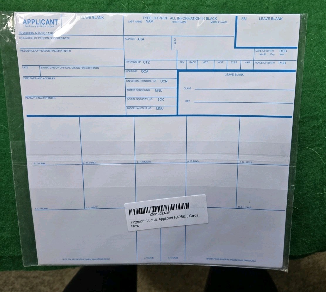 5 Fingerprint Cards FBI Applicant FD-258 1st Choice Livescan Fingerprinting NEW