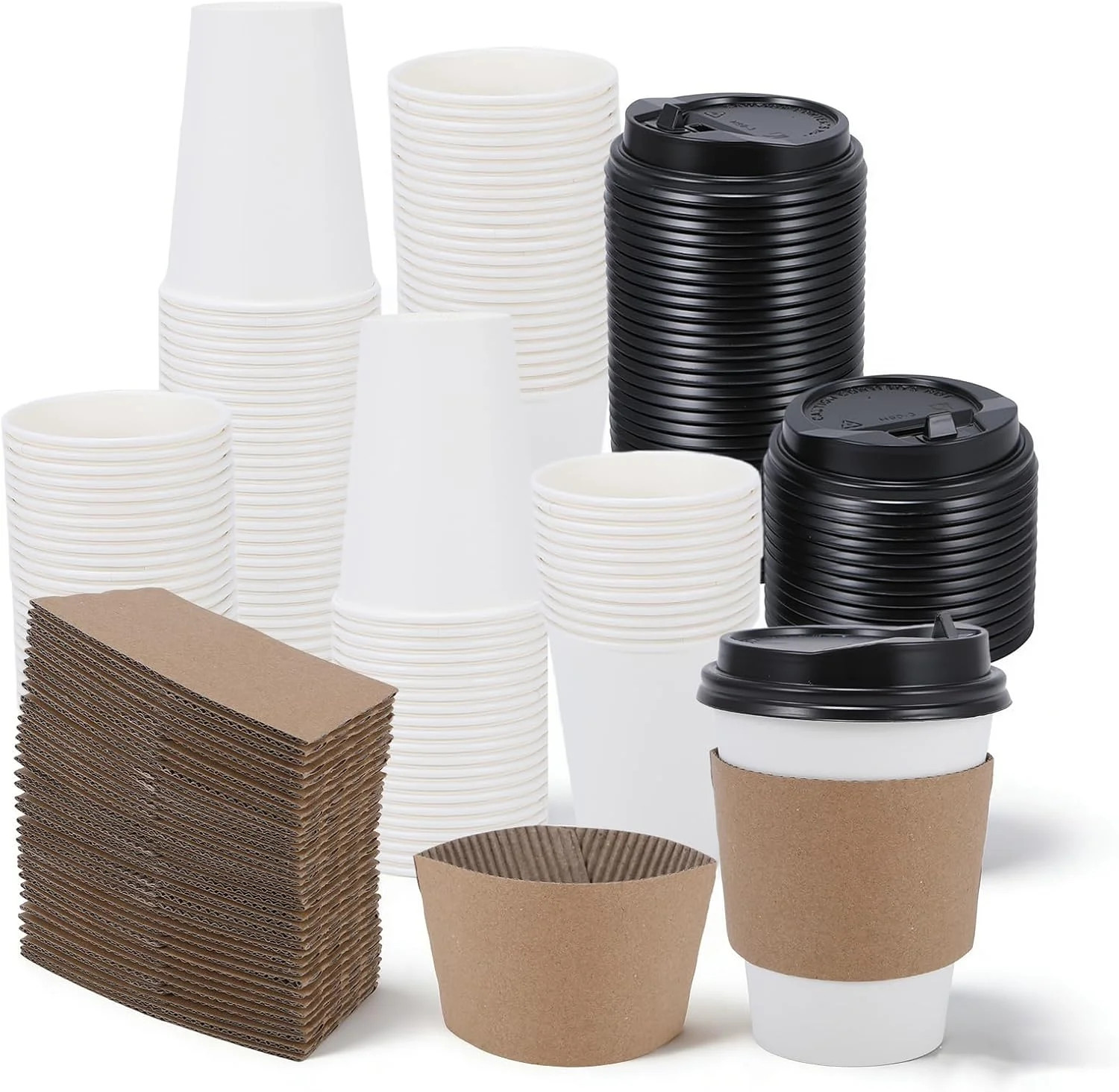 Coffee Cups, 50 Pack 12 oz Disposable Coffee Cups with Lids and Sleeves, Leak-pr