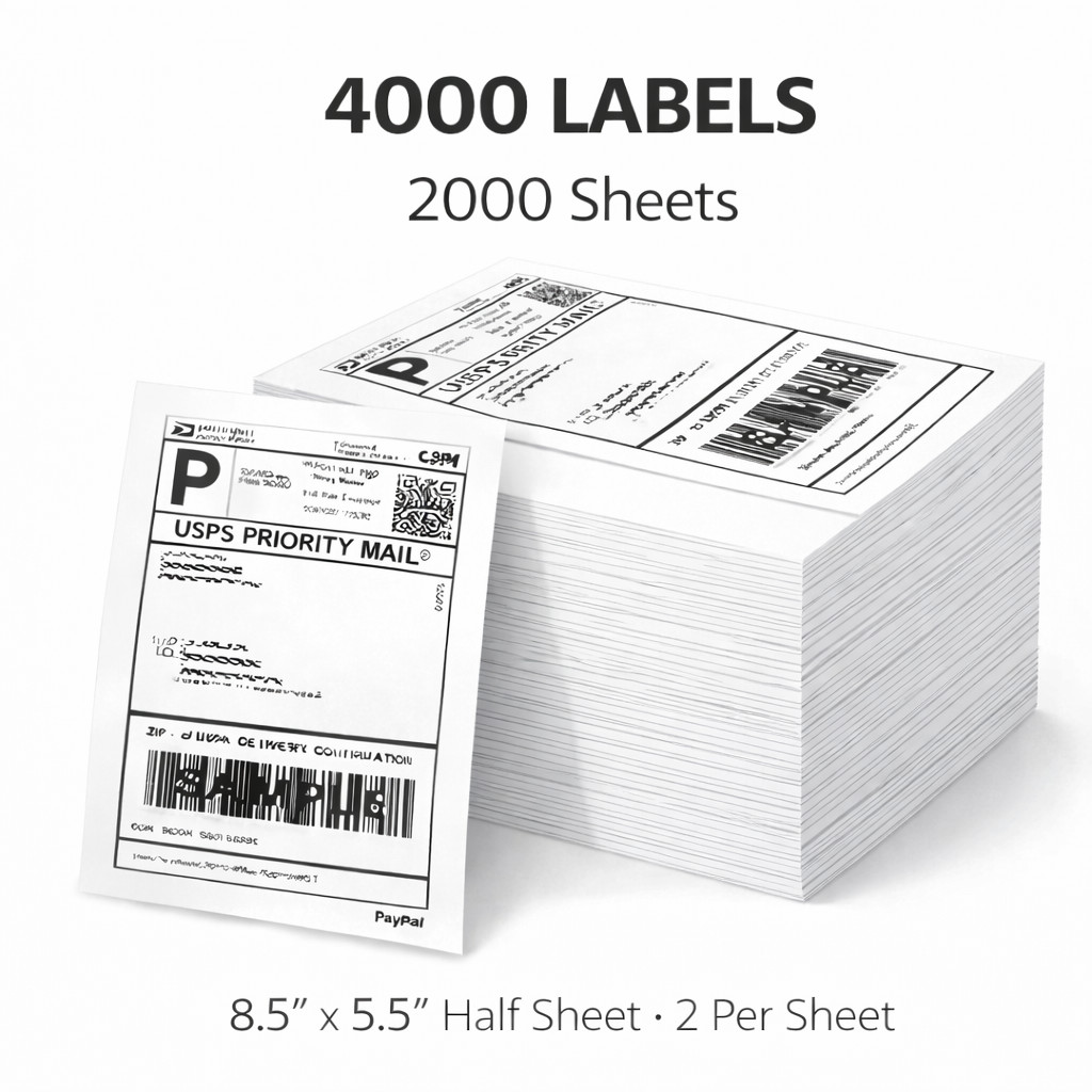 4000 Half Sheet Shipping Labels 8.5×5.5 Self Adhesive 2 Per Sheet Inkjet Laser