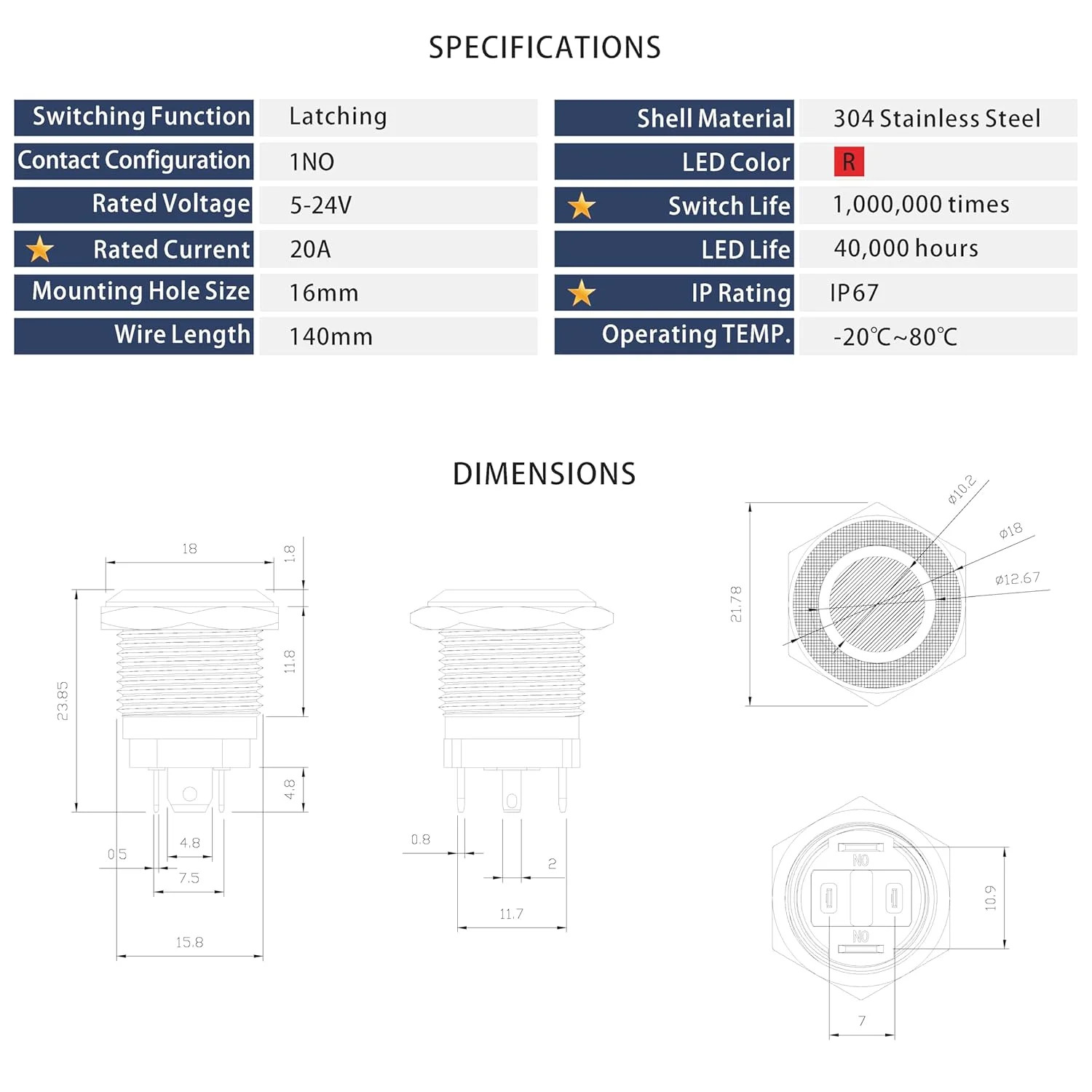 LED Latching Push Button Switch, Stainless Steel, IP67 Waterproof 5-24V 20A 1NO,