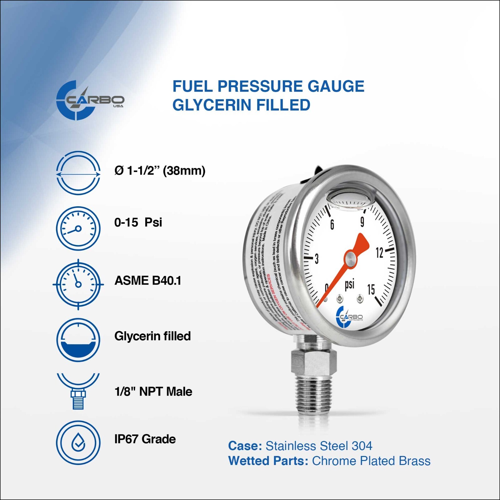 CARBO Gauge 0-15 psi Fuel Pressure Oil Pressure 1.5″ Liquid Filled, White Dial